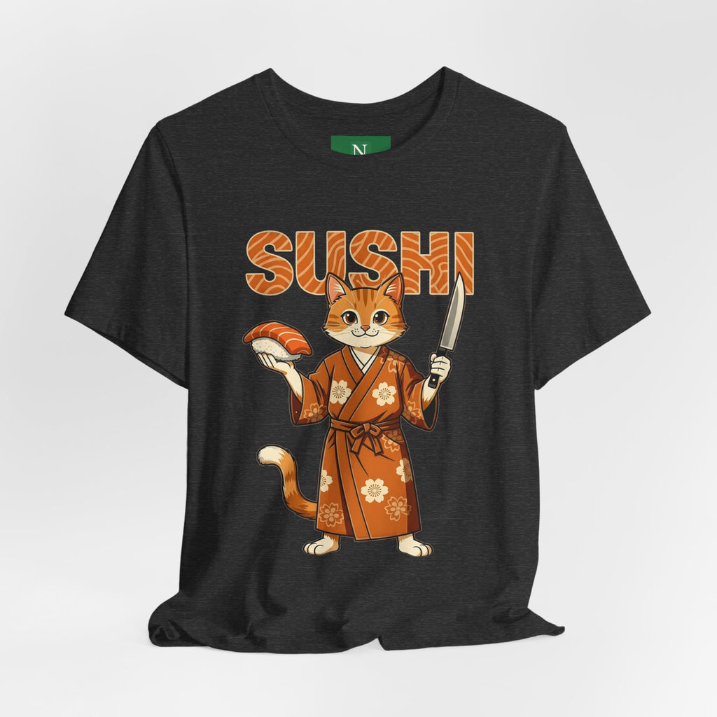 Sushi Cat Graphic Tee — Cute Samurai Cat Holding Sushi & Knife