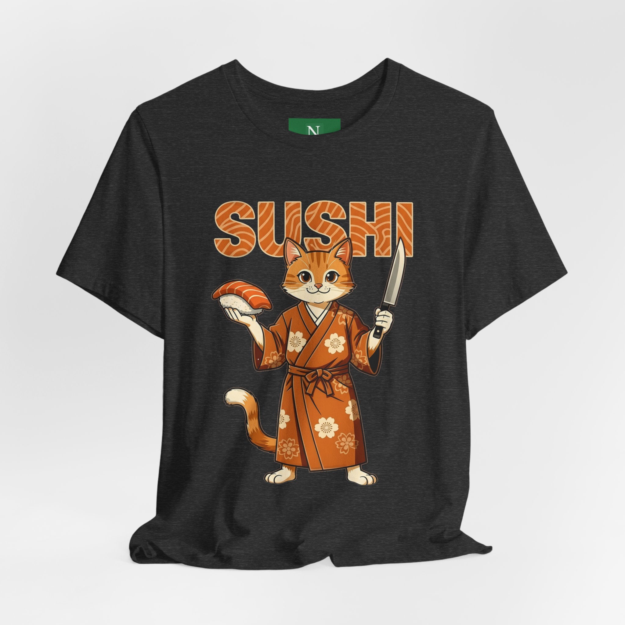 Sushi Cat Graphic Tee — Cute Samurai Cat Holding Sushi & Knife