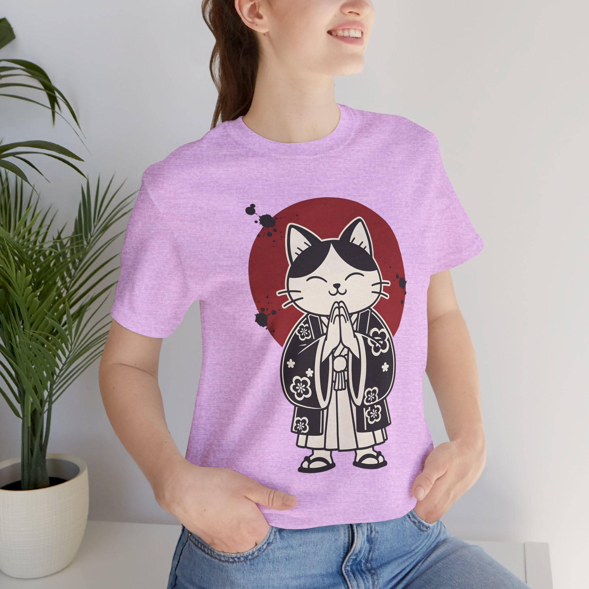 Samurai Cat T‑Shirt — Cute Praying Cat with Red Sun Graphic