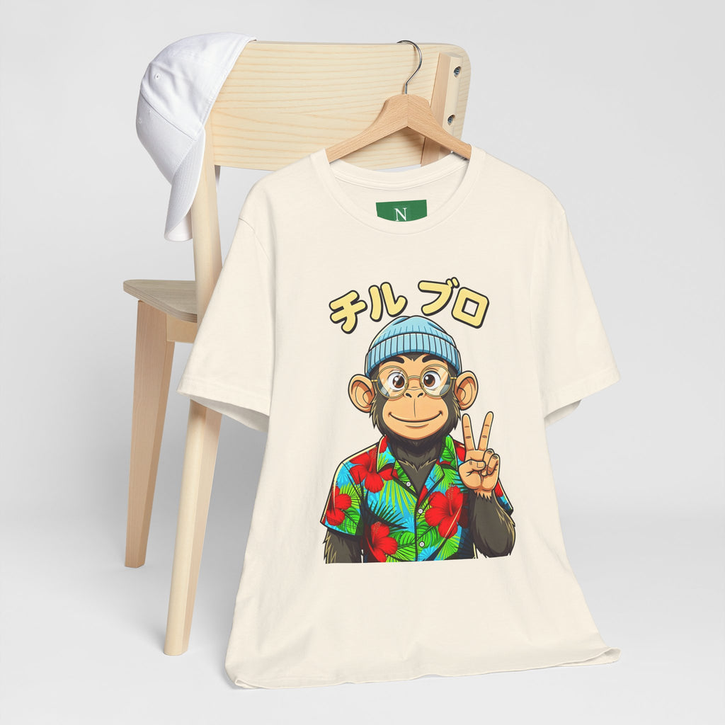 Monkey Peace Sign Tee — Hawaiian Shirt Chimp Graphic with Japanese Text
