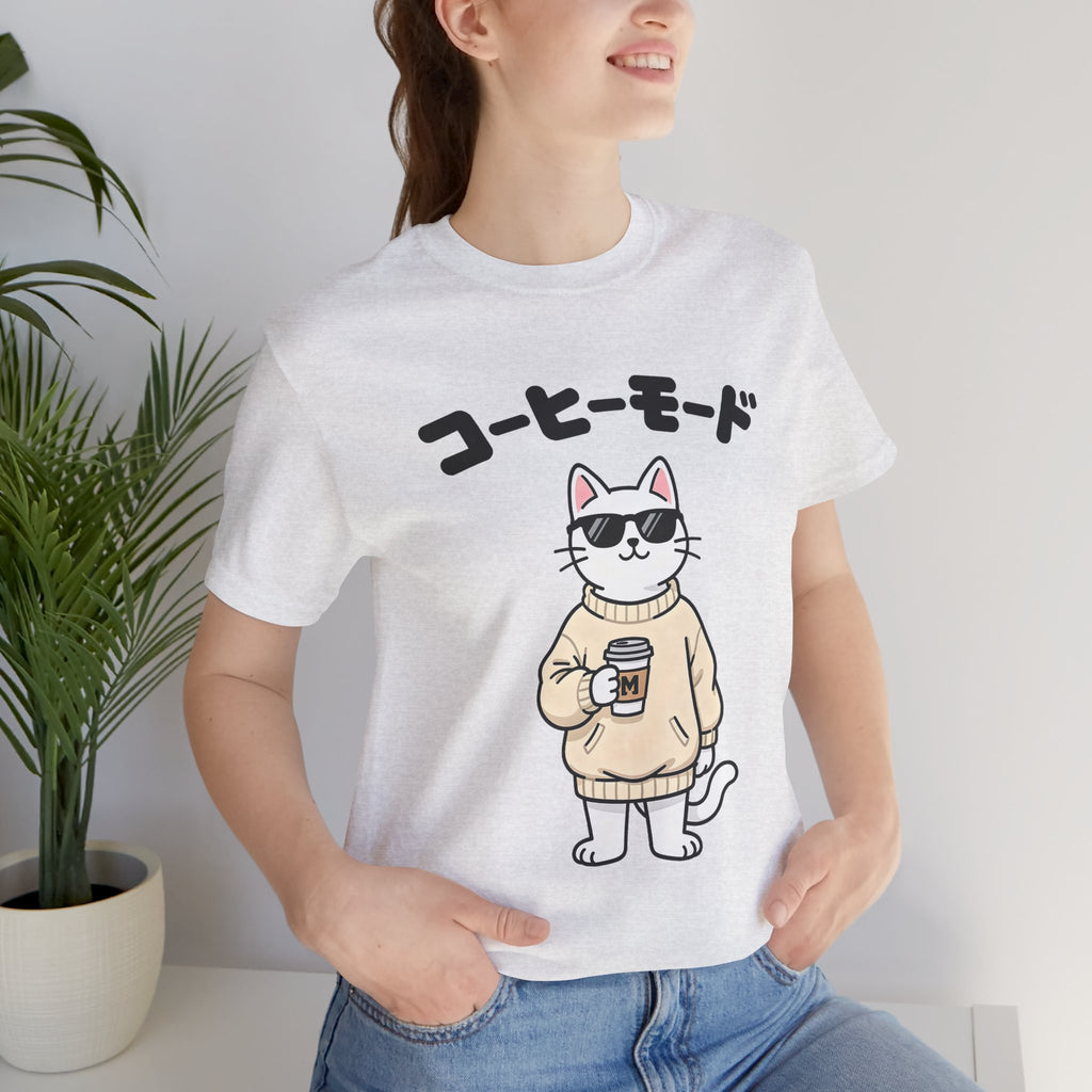 Coffee Mode Cat Tee — Cute Japanese Cat Holding Coffee T-Shirt