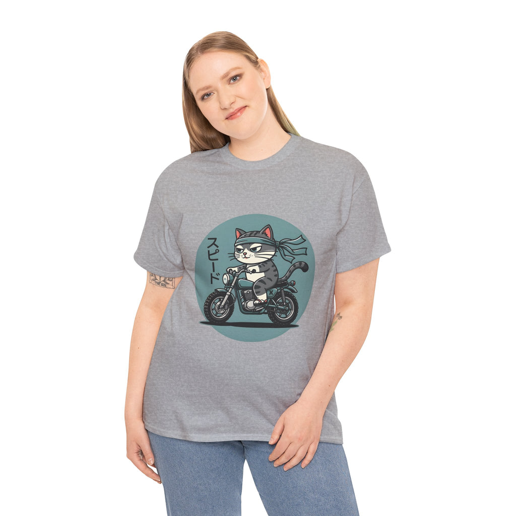 Cat Biker T‑Shirt — Retro Motorcycle Cat with Japanese “Speed” Text