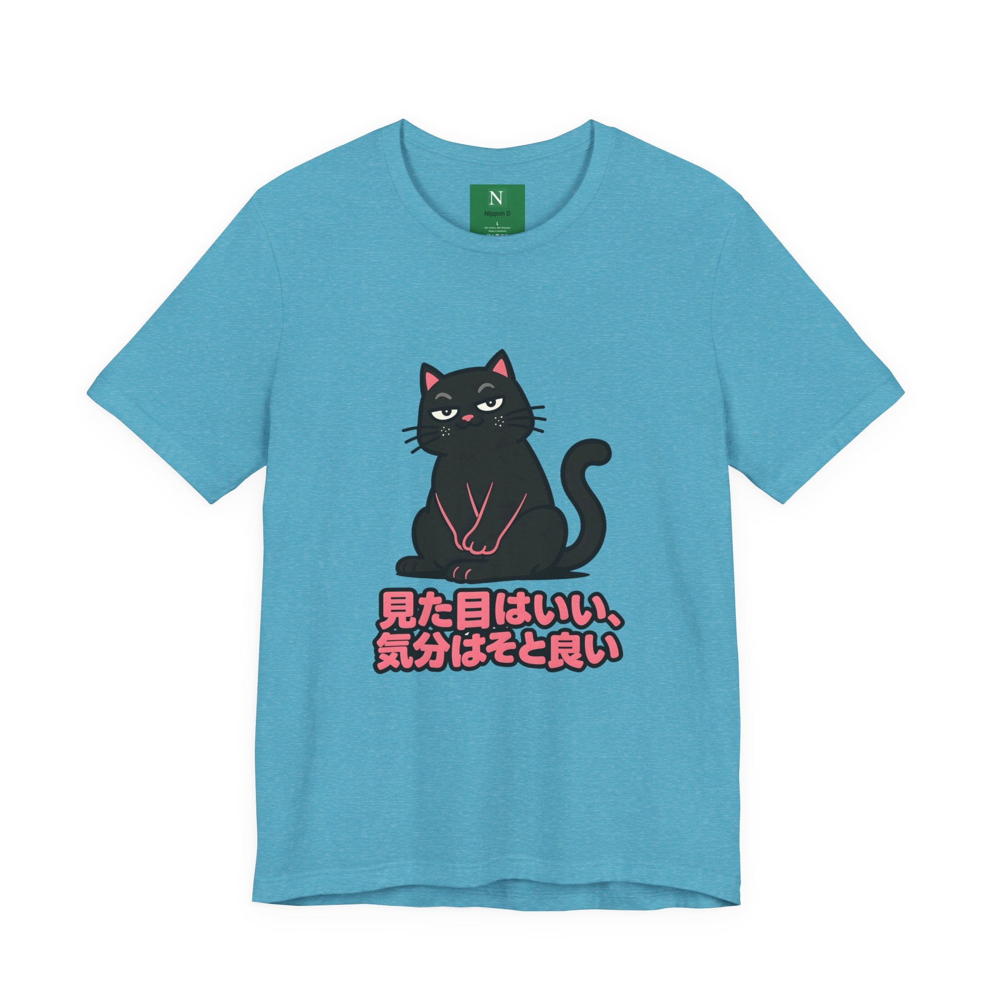 Black Cat Tee with Japanese Text — 'Mita Me wa Ii, Kimochi wa Sore Ijo' Cute Kawaii Graphic T-Shirt