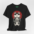 Samurai Cat T‑Shirt — Cute Praying Cat with Red Sun Graphic