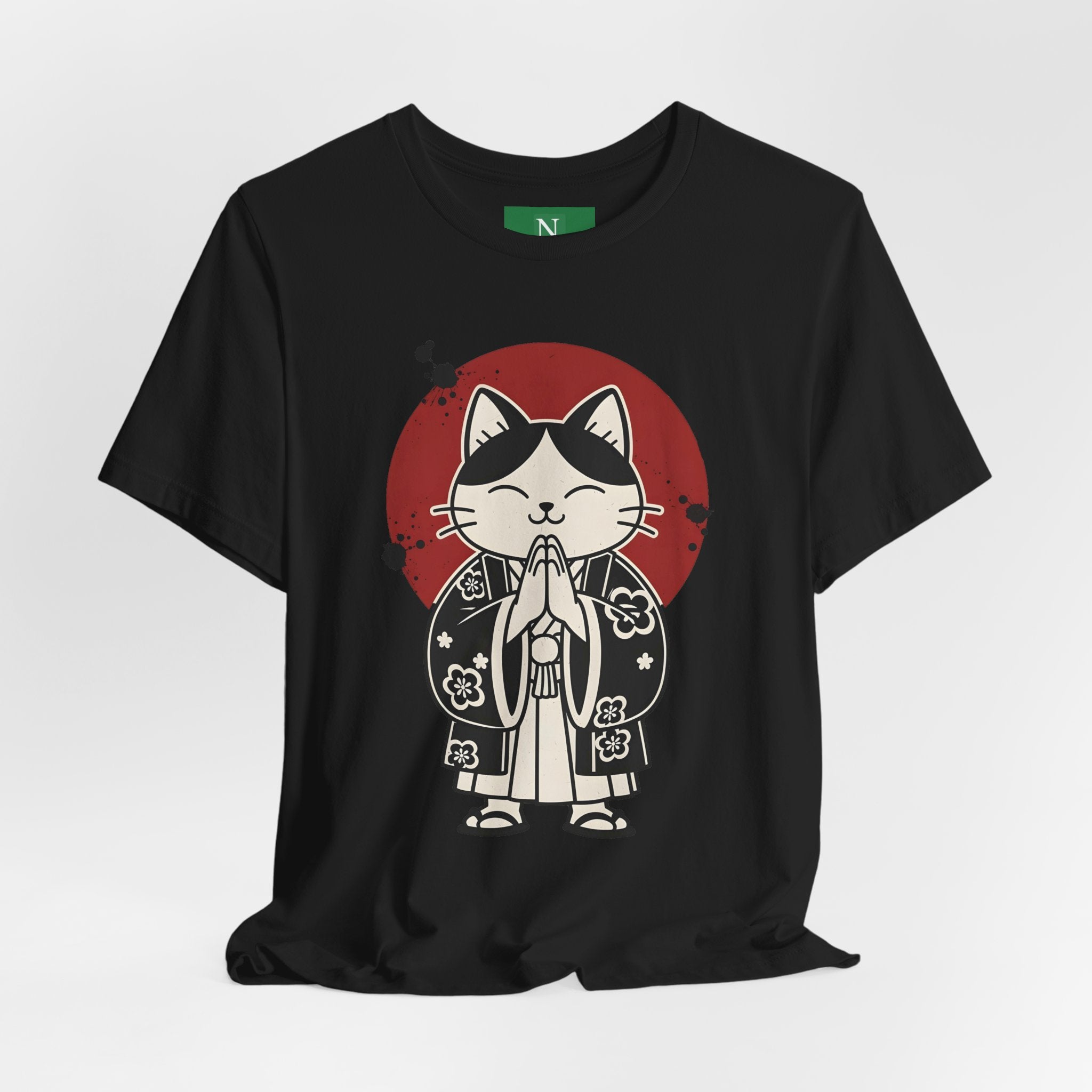 Samurai Cat T‑Shirt — Cute Praying Cat with Red Sun Graphic
