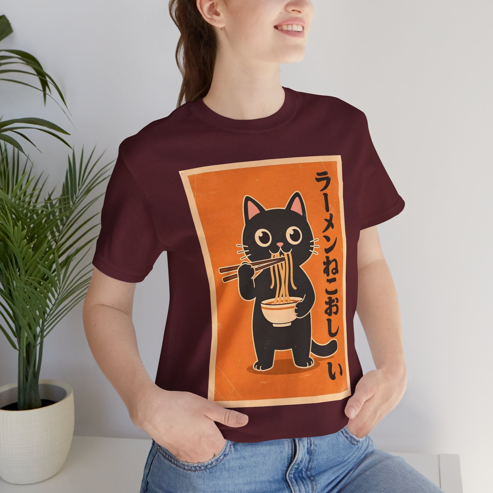 Ramen Cat Graphic Tee — Cute Black Cat Eating Ramen Japanese Text Shirt