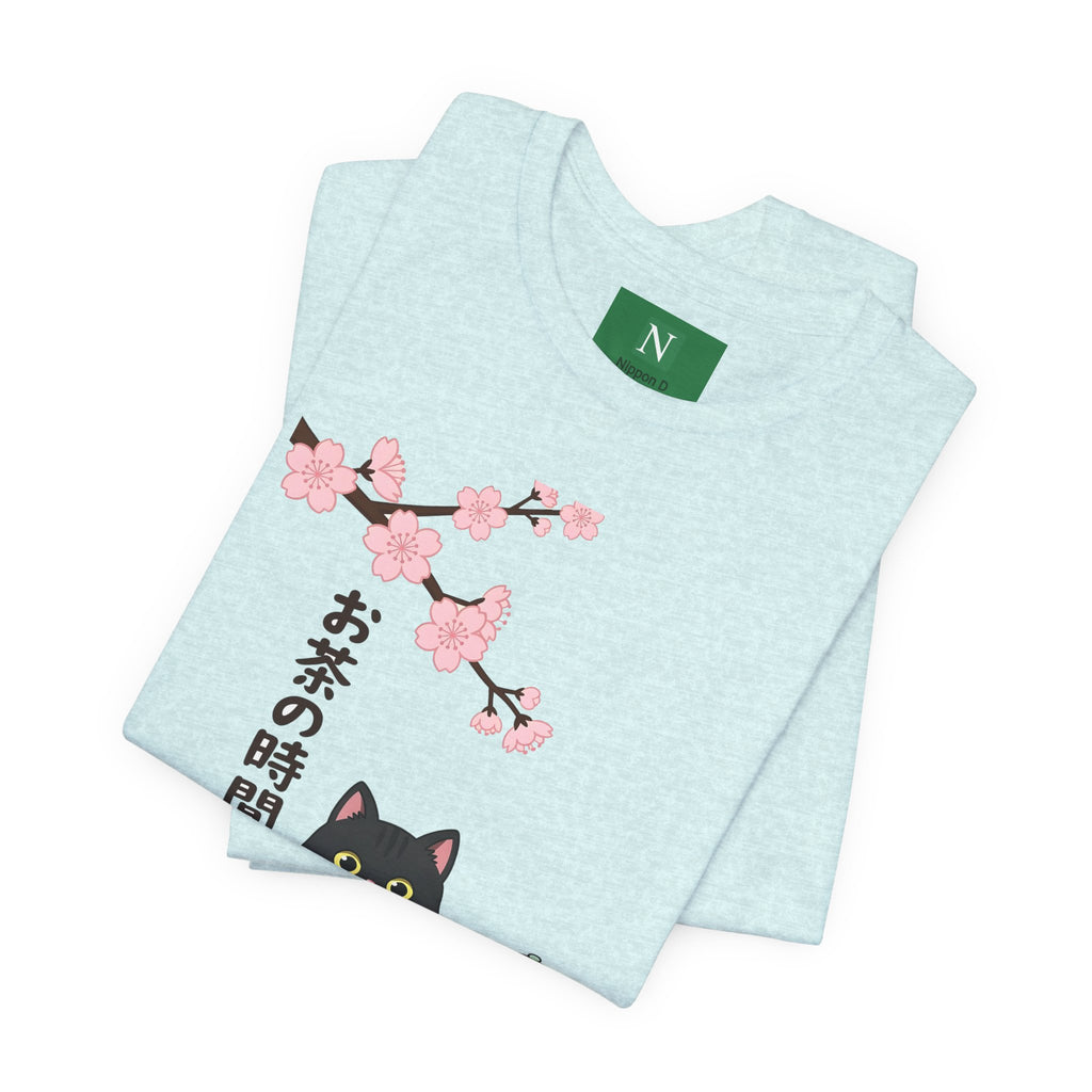 Cat Tea Time T-Shirt — Kawaii Black Cat with Sakura and Teapot