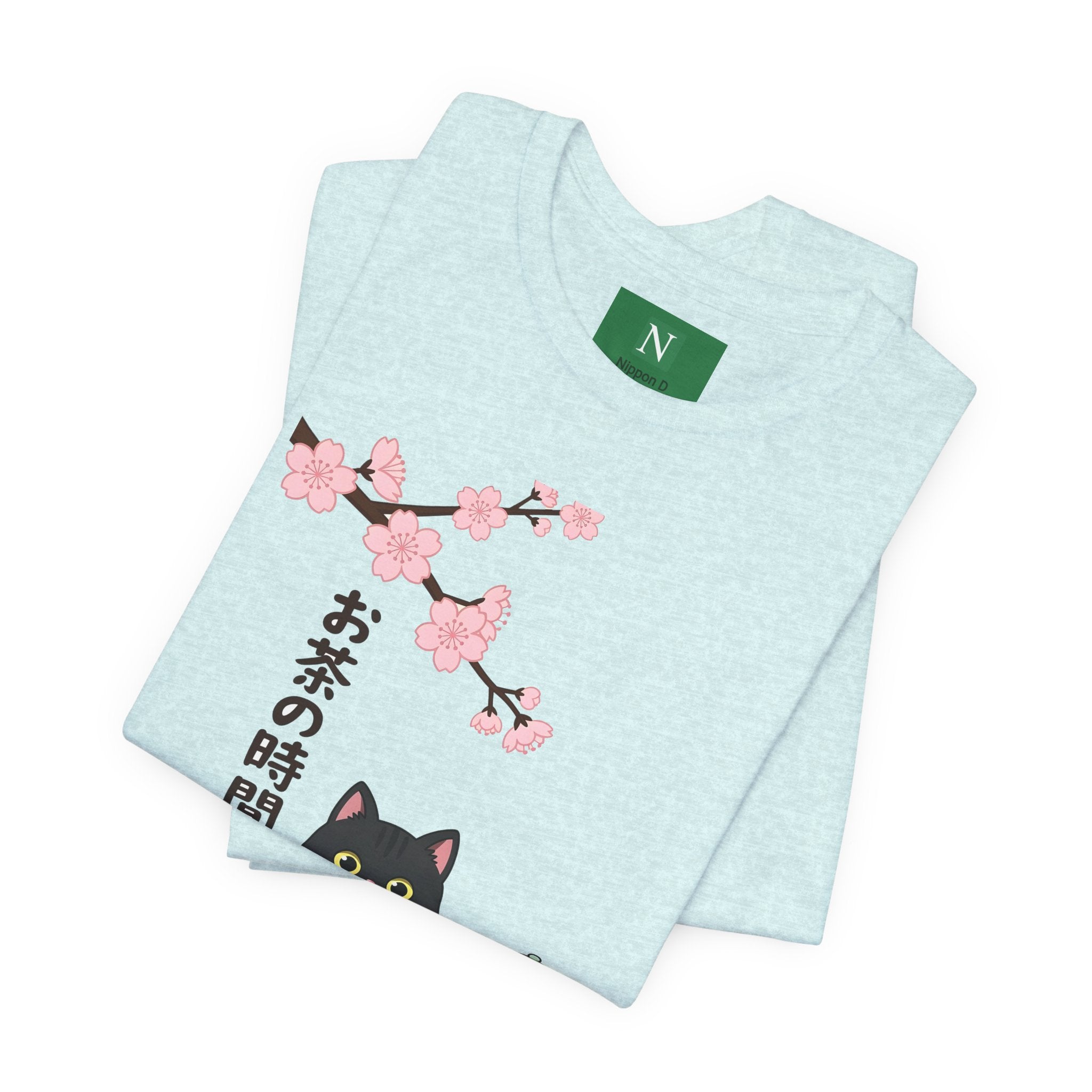 Cat Tea Time T-Shirt — Kawaii Black Cat with Sakura and Teapot