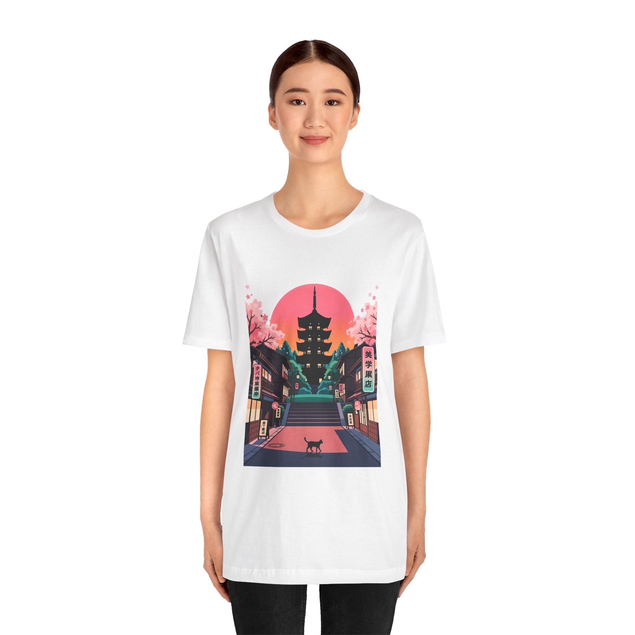 Japanese Pagoda Sunset Tee — Sakura Street Cat Graphic T-Shirt