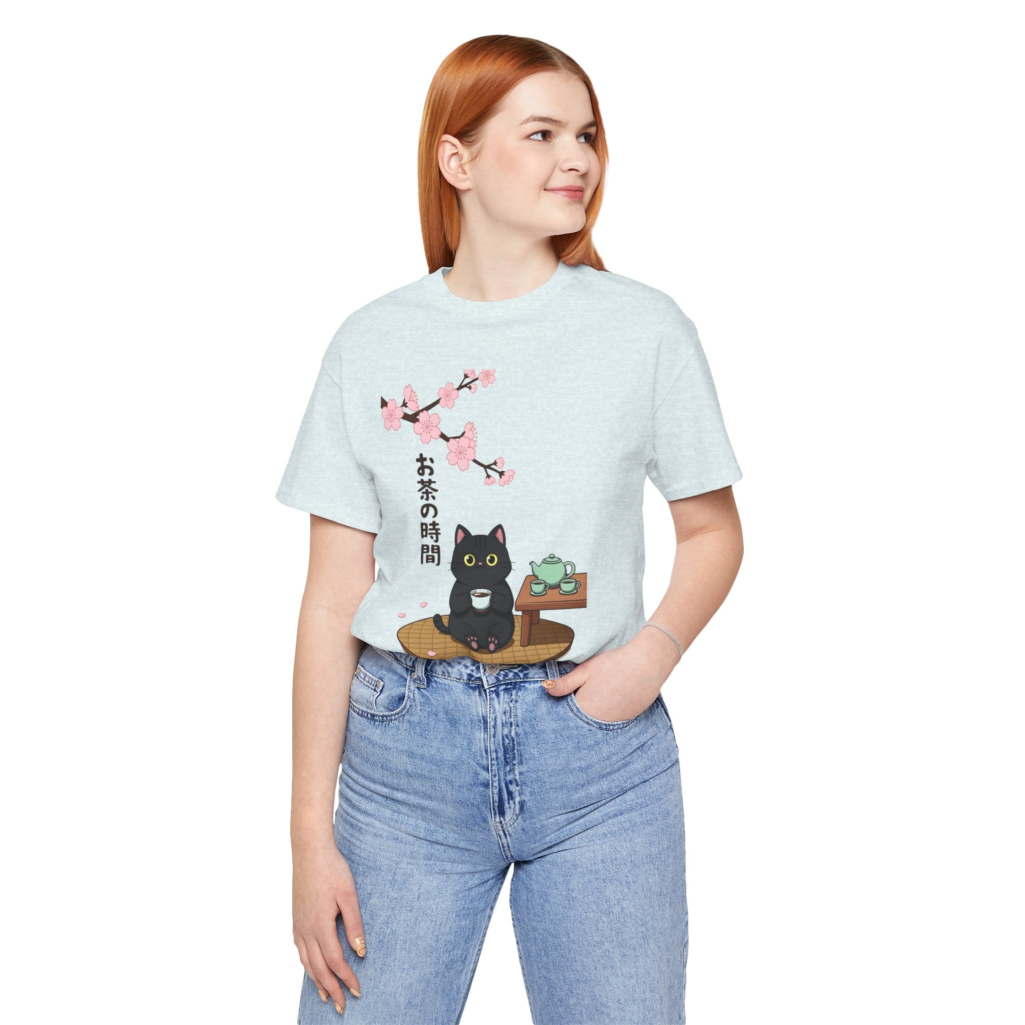 Cat Tea Time T-Shirt — Kawaii Black Cat with Sakura and Teapot