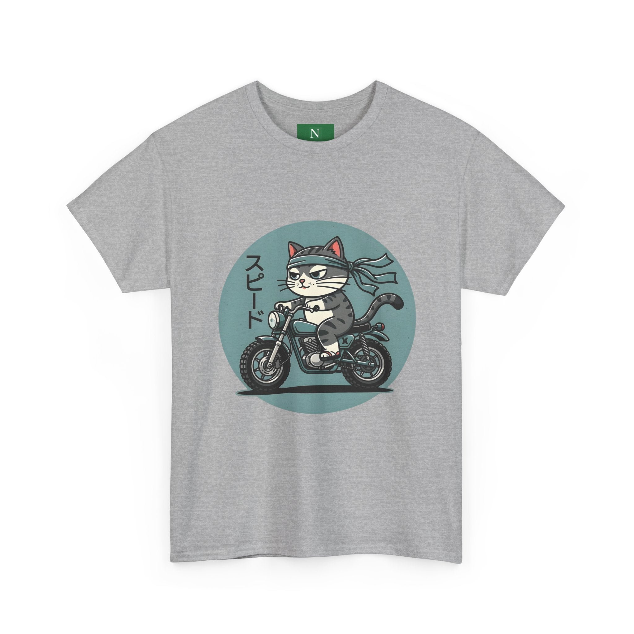 Cat Biker T‑Shirt — Retro Motorcycle Cat with Japanese “Speed” Text