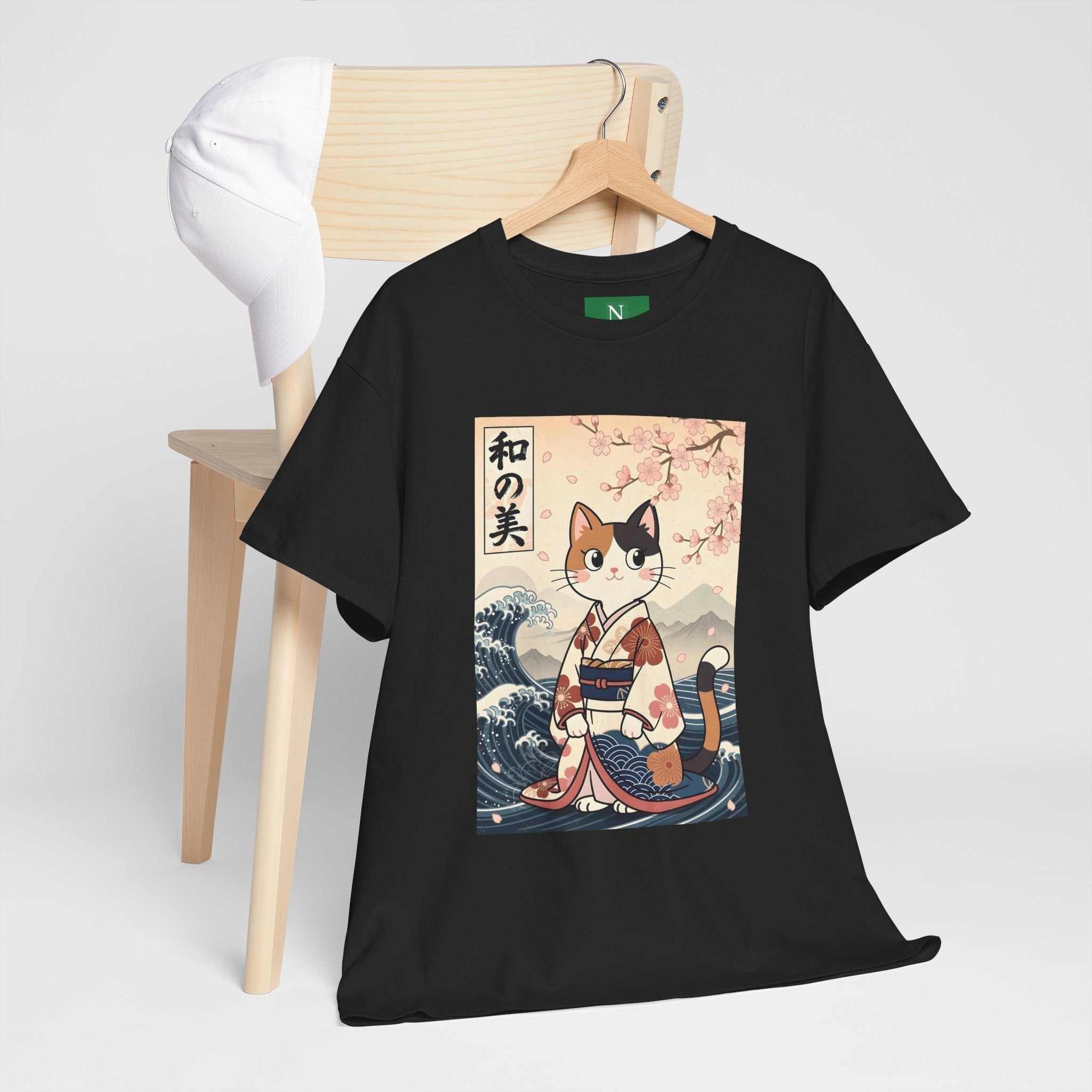 Cat Ukiyo-e T-Shirt — Vintage Japanese Kimono Cat with Cherry Blossoms