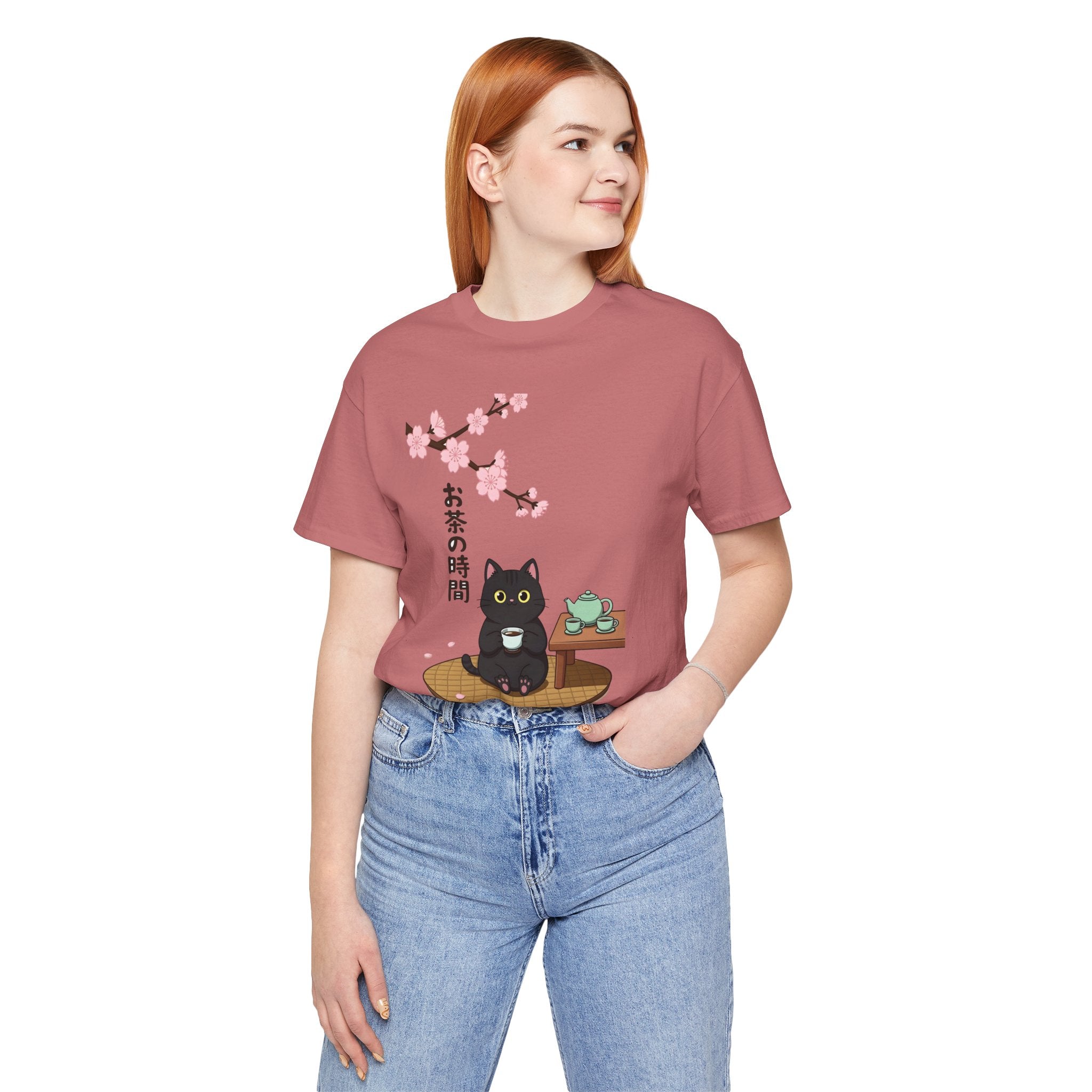 Cat Tea Time T-Shirt — Kawaii Black Cat with Sakura and Teapot