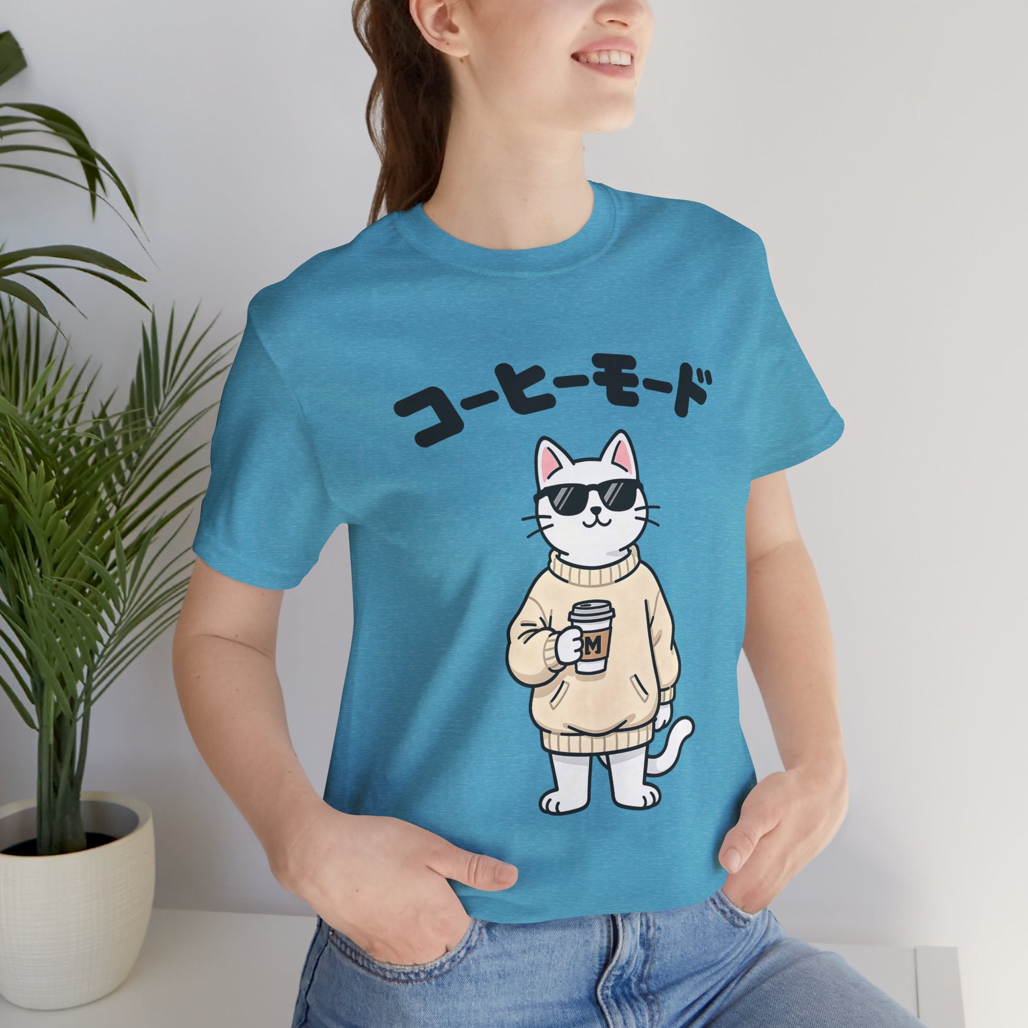 Coffee Mode Cat Tee — Cute Japanese Cat Holding Coffee T-Shirt