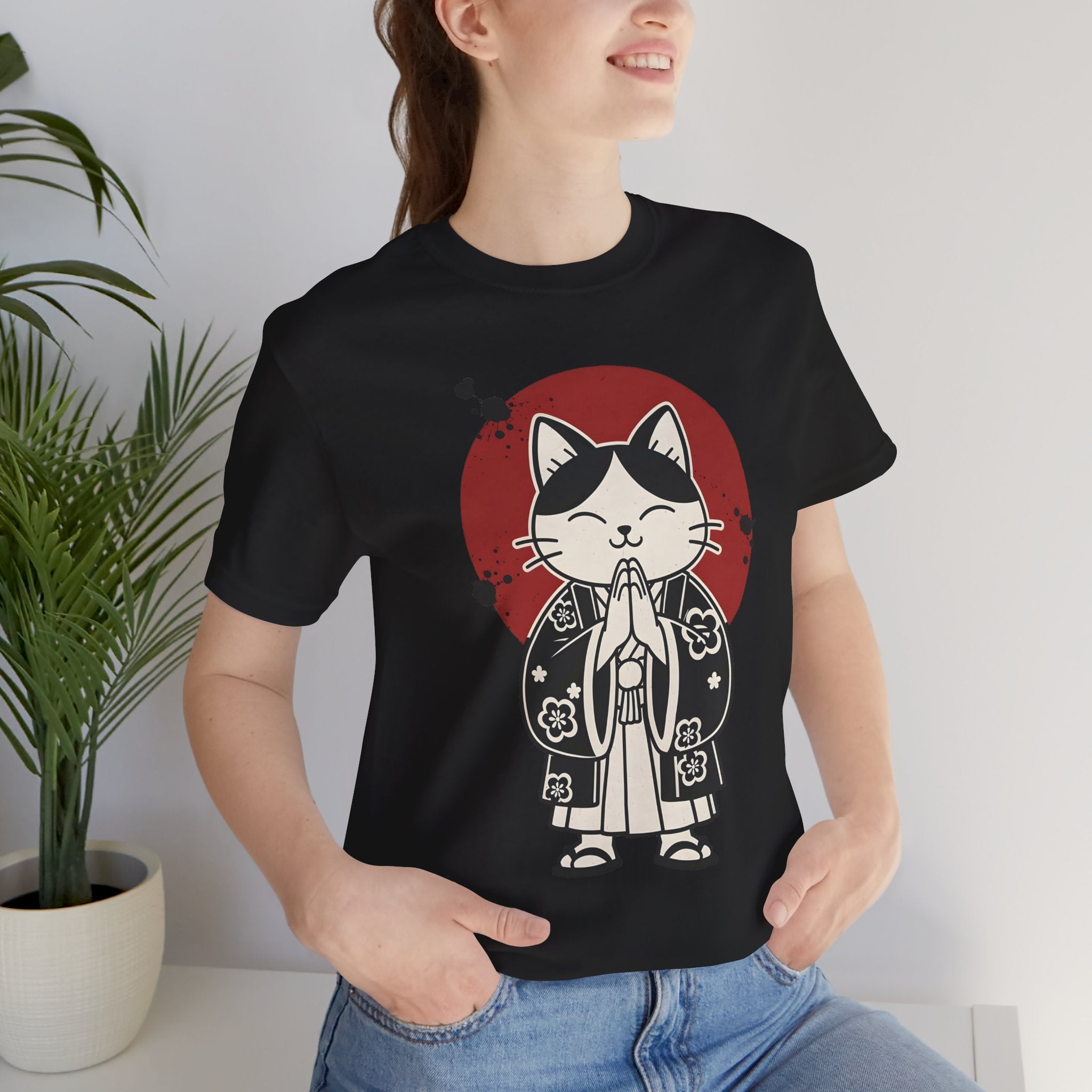 Samurai Cat T‑Shirt — Cute Praying Cat with Red Sun Graphic