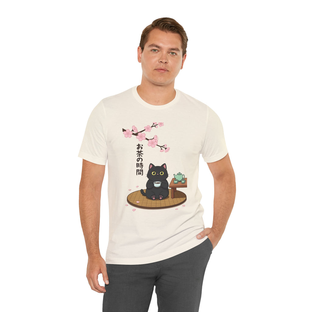 Cat Tea Time T-Shirt — Kawaii Black Cat with Sakura and Teapot