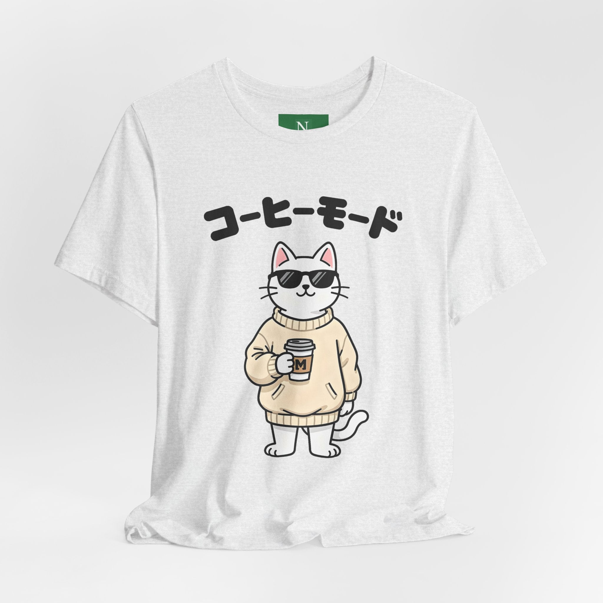 Coffee Mode Cat Tee — Cute Japanese Cat Holding Coffee T-Shirt