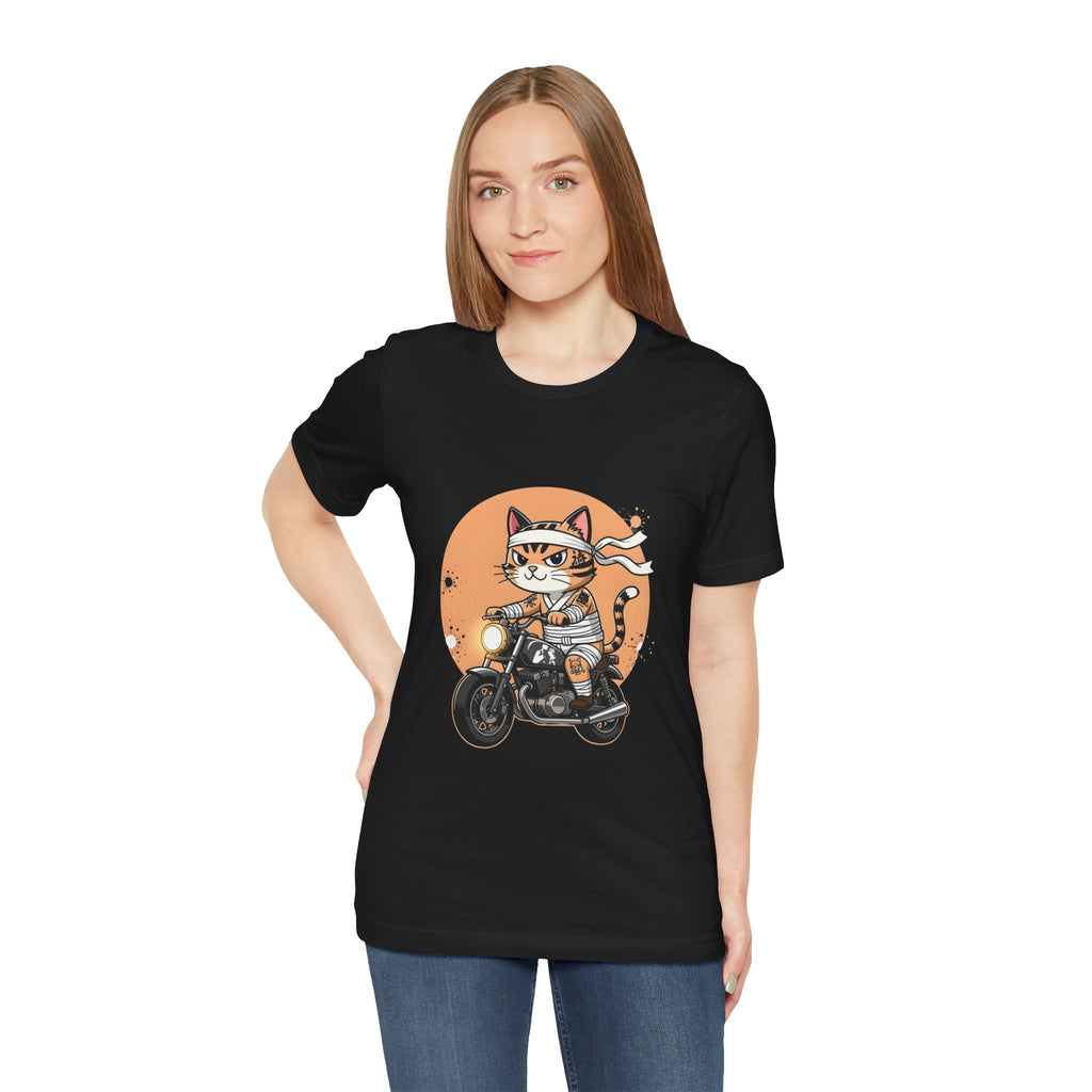 Retro Biker Cat T‑Shirt — Cute Motorcycle Cat Graphic Tee