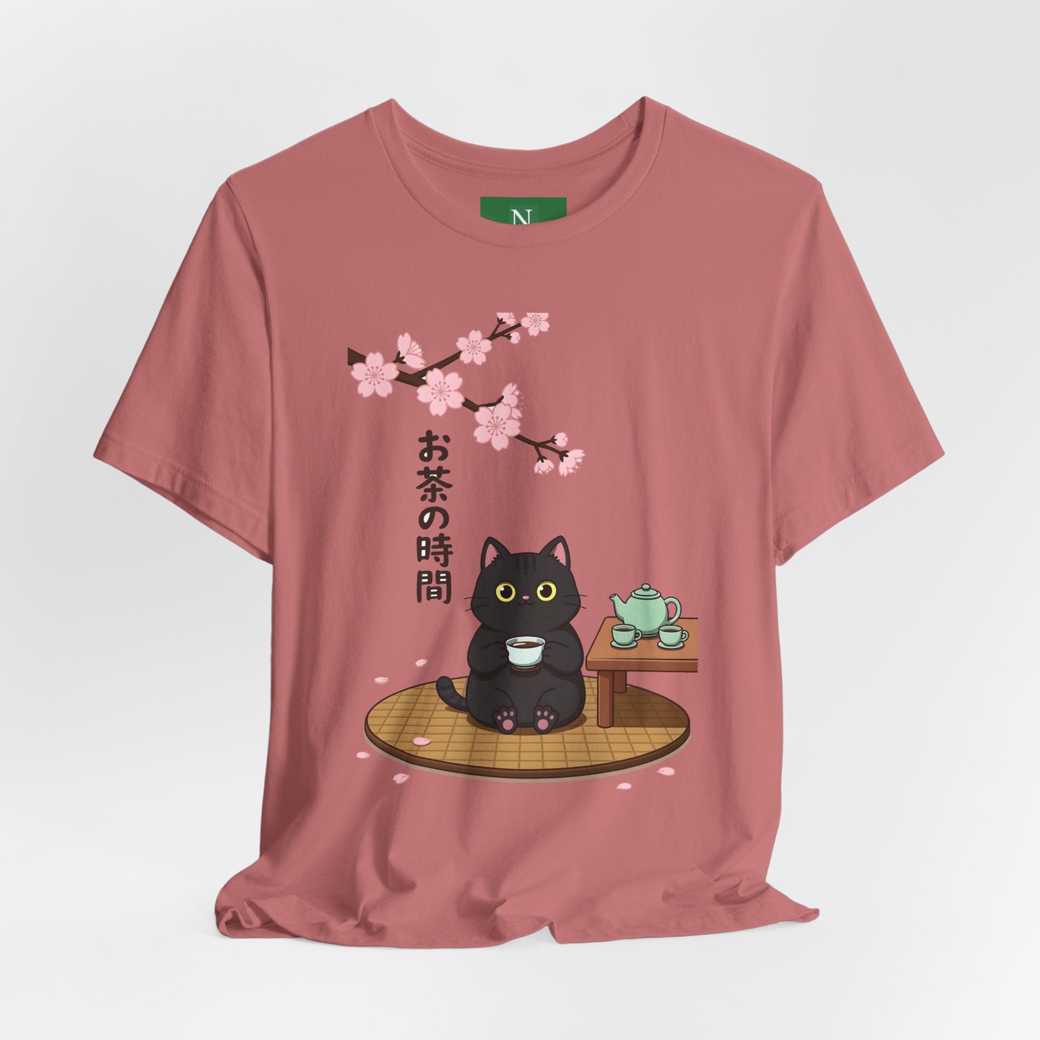 Cat Tea Time T-Shirt — Kawaii Black Cat with Sakura and Teapot