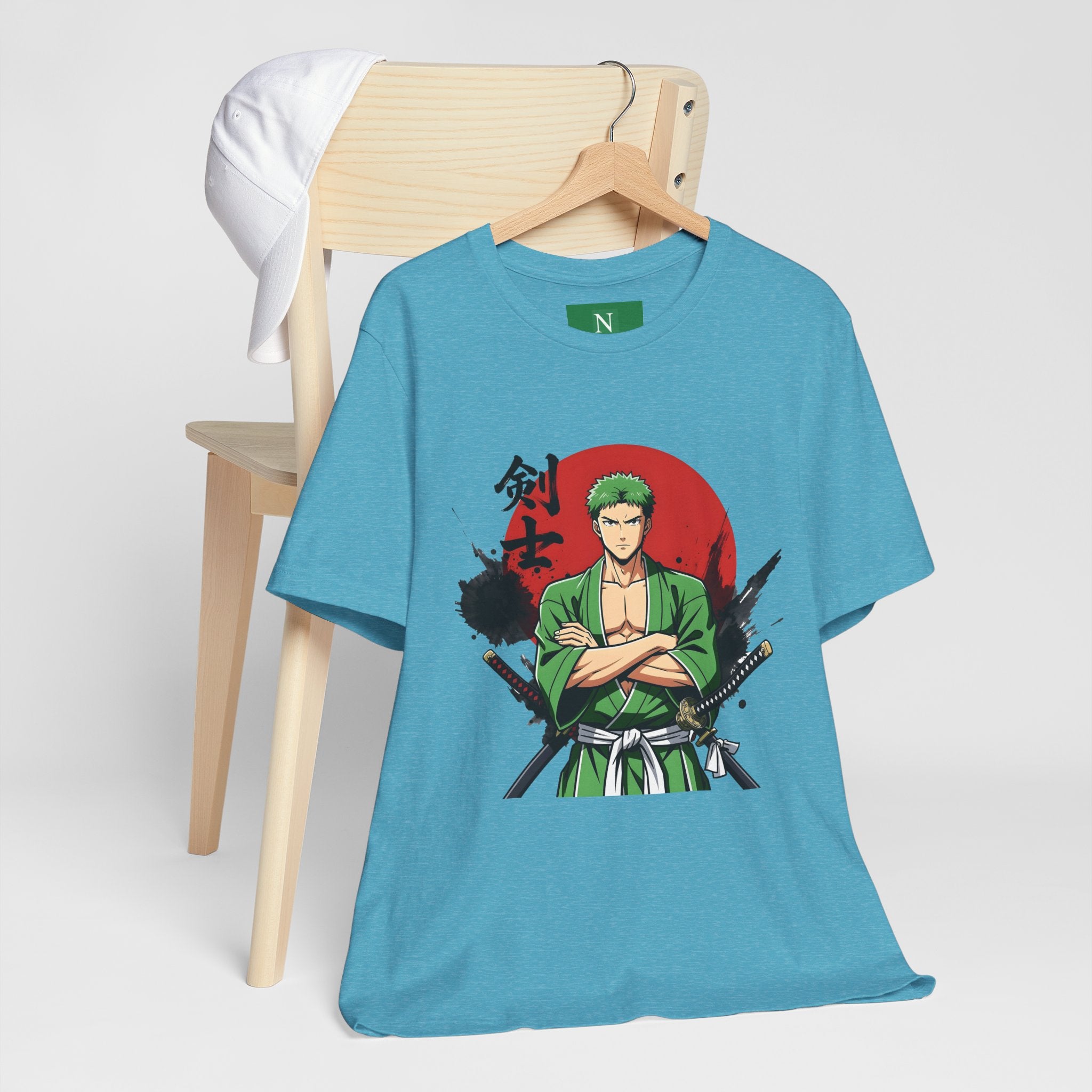 Anime Samurai Tee — Green-Haired Swordsman Graphic T-Shirt