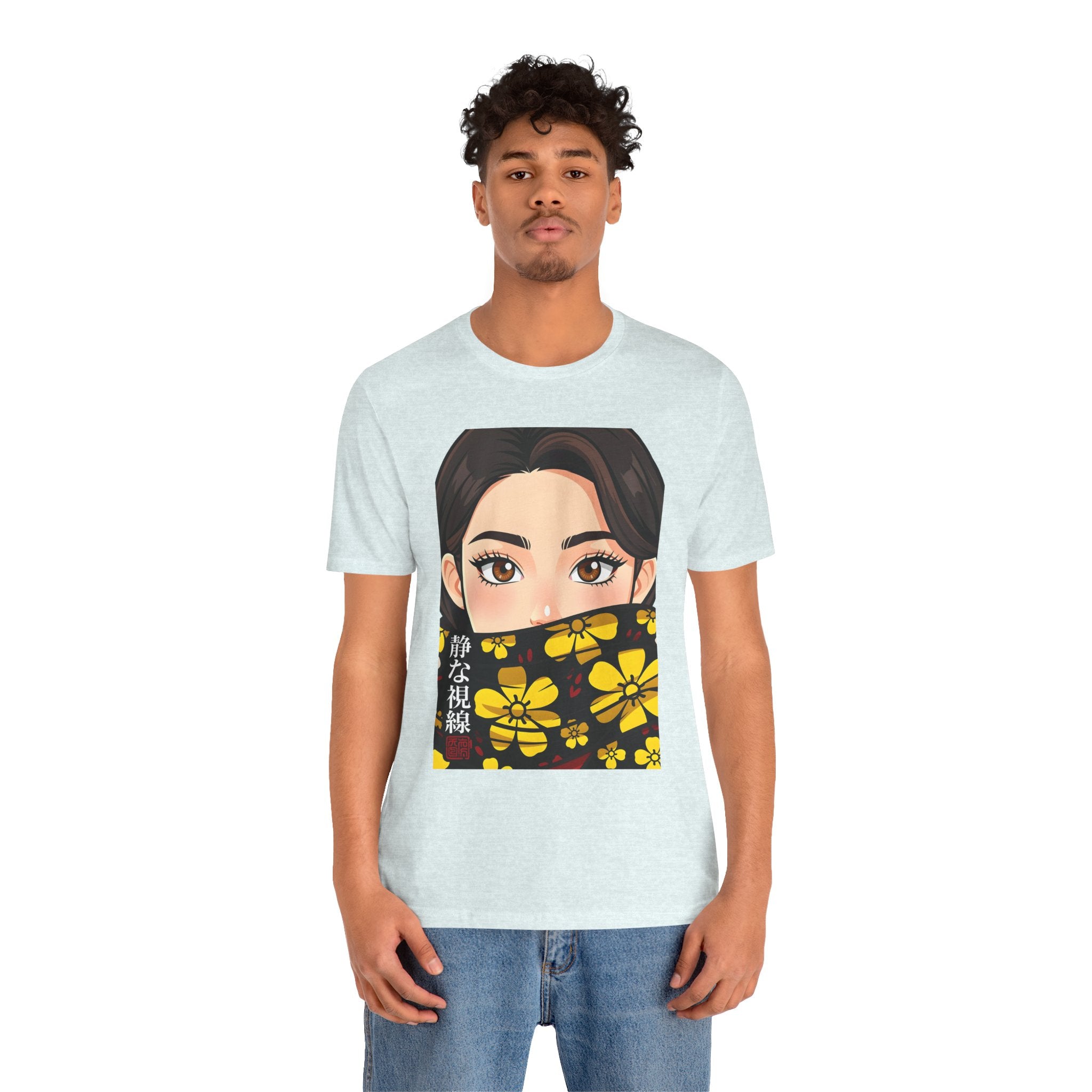 Anime Girl Floral Face Mask T‑Shirt — "静な視線" Graphic Tee
