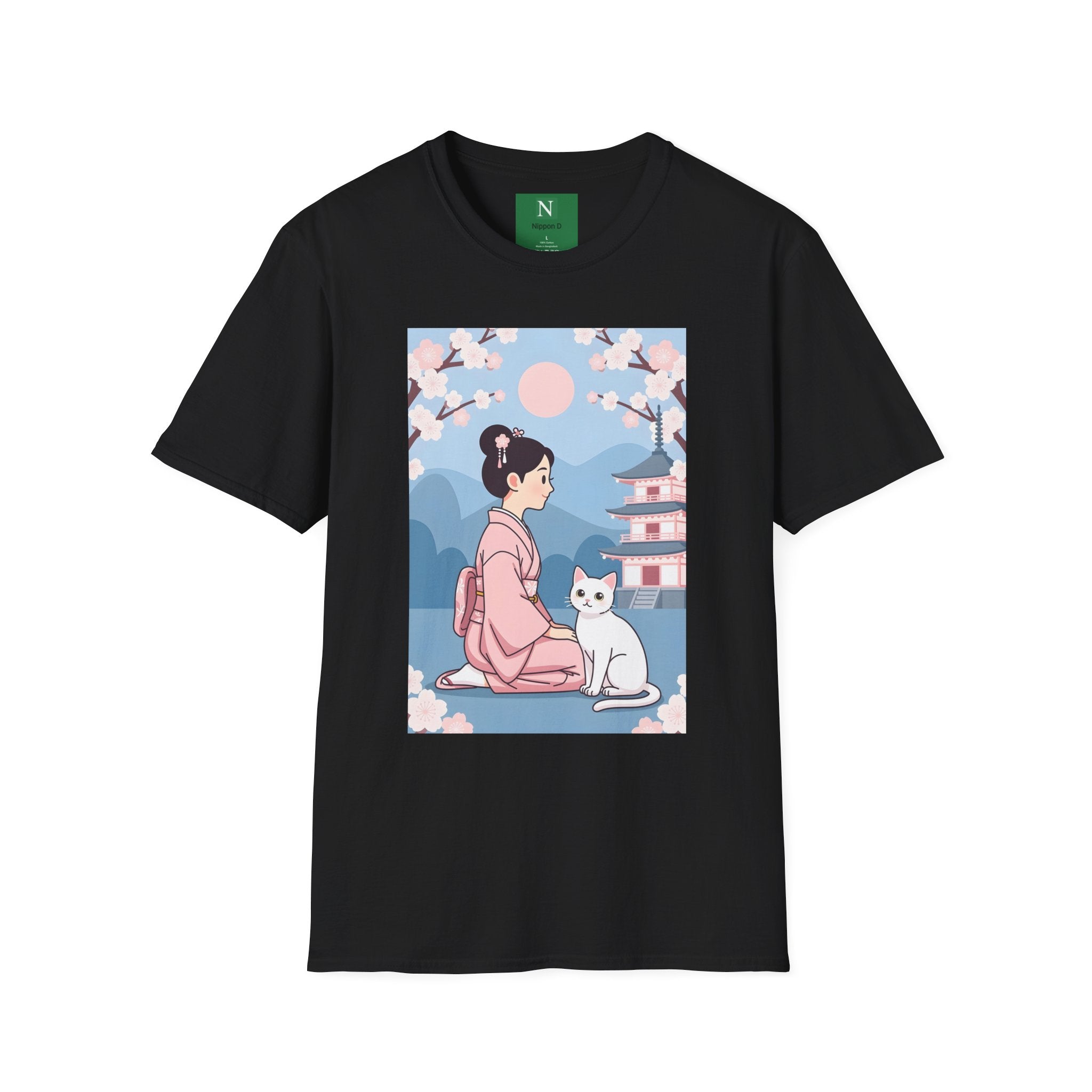 Cherry Blossom Geisha Tee — Japanese Girl & Cat Graphic T-Shirt