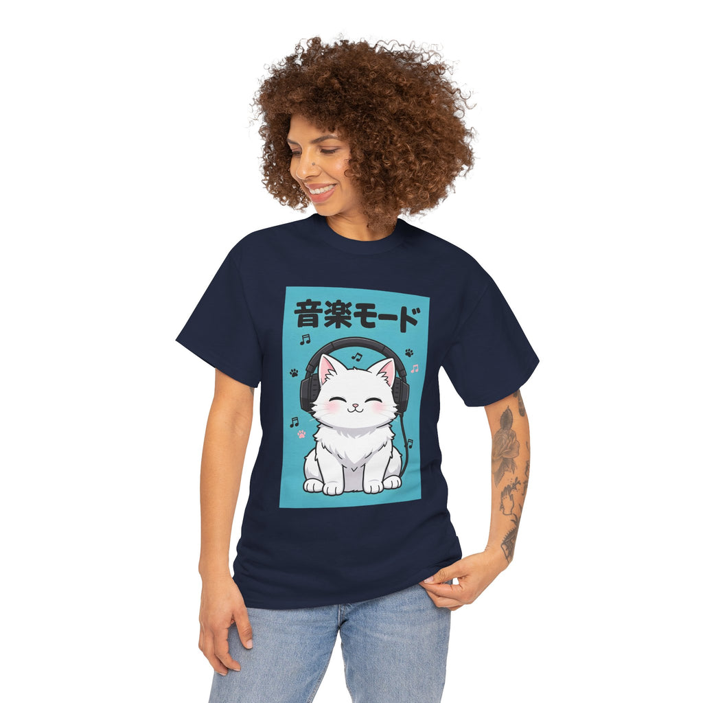 Music Mode Cat T-Shirt — Cute Headphone Kitten Tee (Japanese Text)