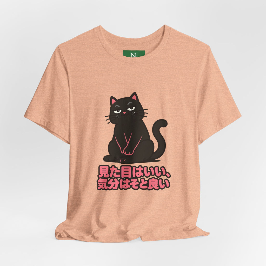 Black Cat Tee with Japanese Text — 'Mita Me wa Ii, Kimochi wa Sore Ijo' Cute Kawaii Graphic T-Shirt