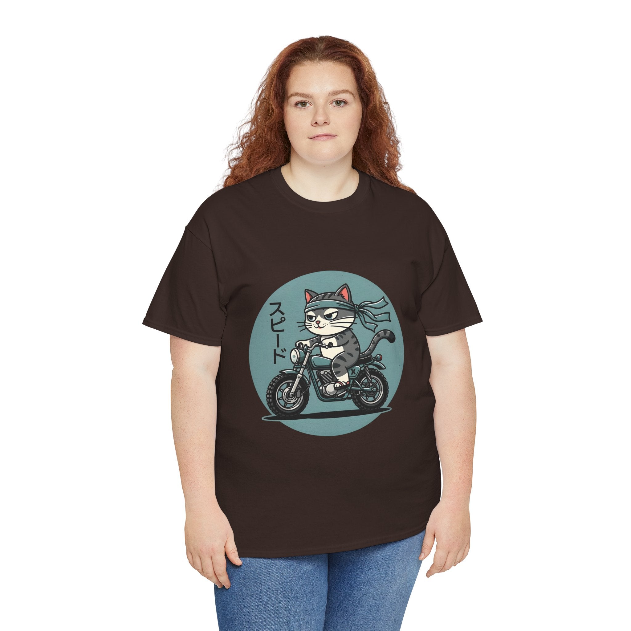 Cat Biker T‑Shirt — Retro Motorcycle Cat with Japanese “Speed” Text