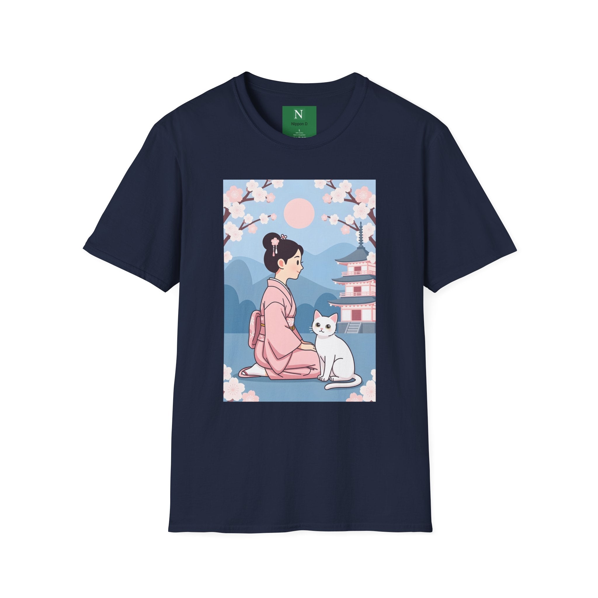 Cherry Blossom Geisha Tee — Japanese Girl & Cat Graphic T-Shirt