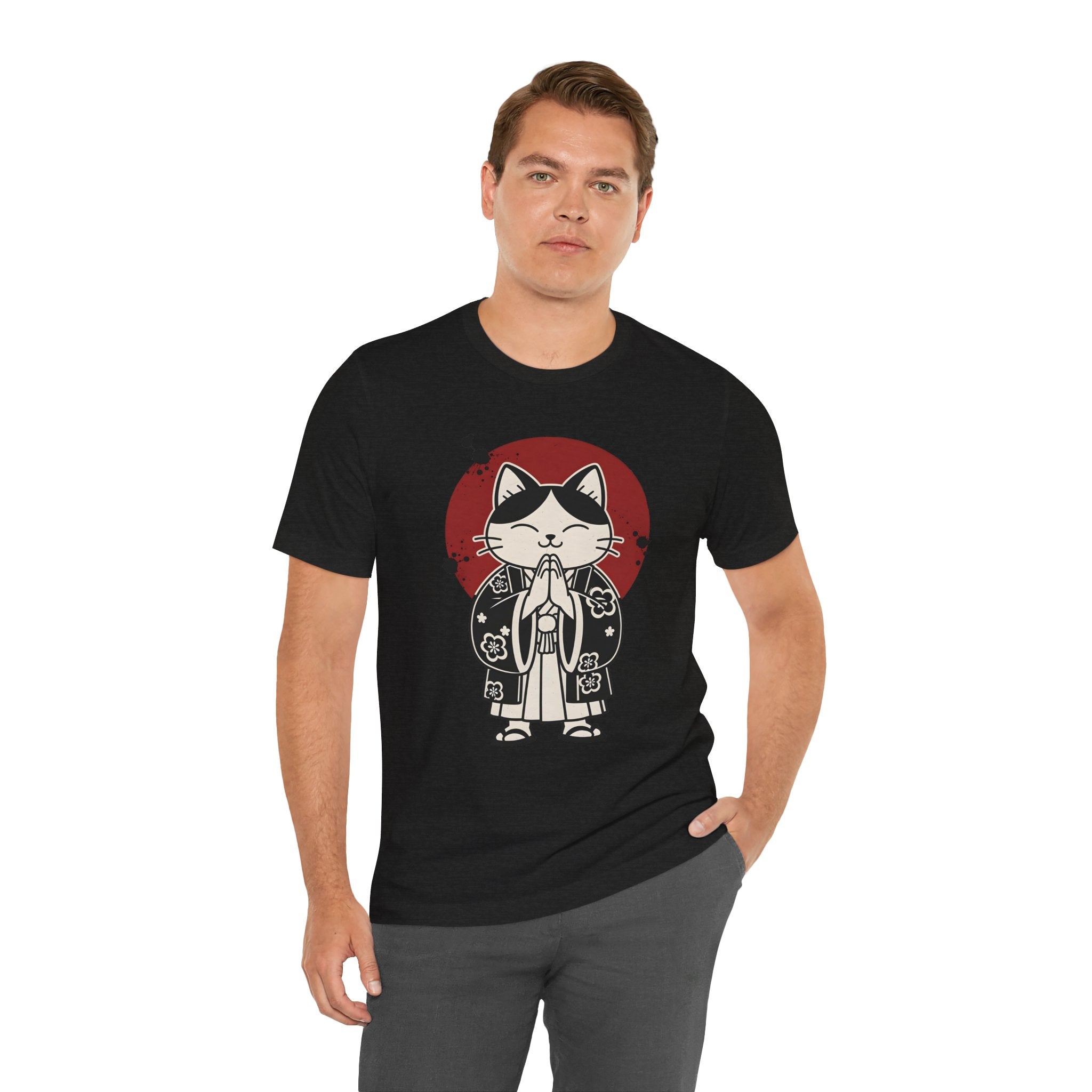Samurai Cat T‑Shirt — Cute Praying Cat with Red Sun Graphic