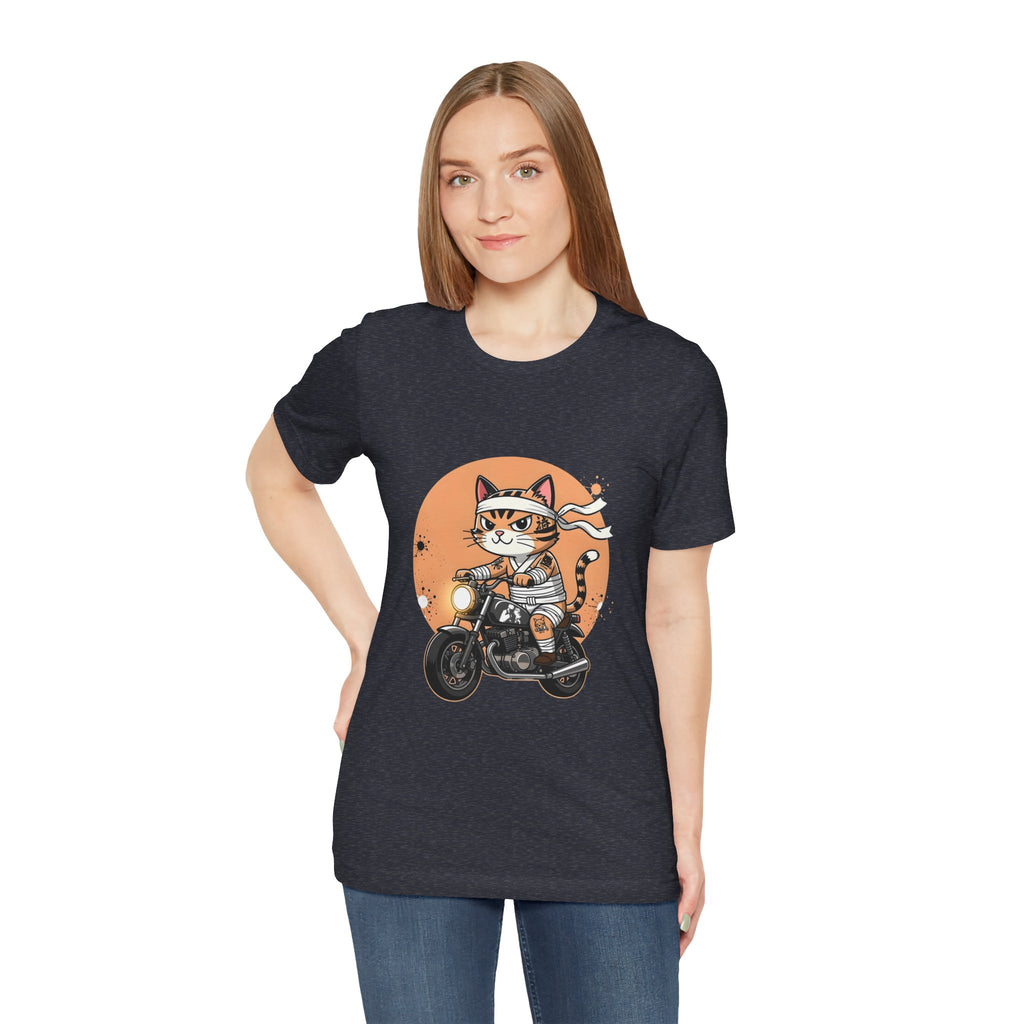 Retro Biker Cat T‑Shirt — Cute Motorcycle Cat Graphic Tee