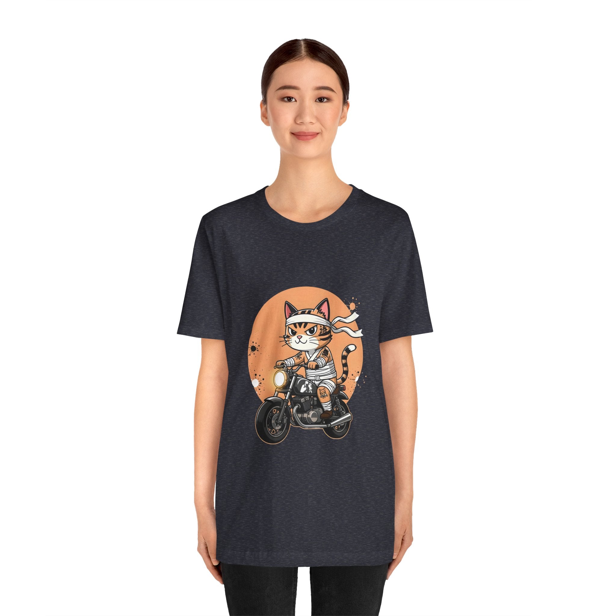 Retro Biker Cat T‑Shirt — Cute Motorcycle Cat Graphic Tee
