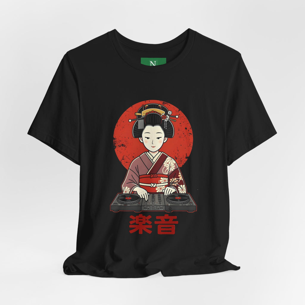 Geisha DJ T-Shirt — Japanese Vinyl Turntable Tee with '楽音' (Music) Design