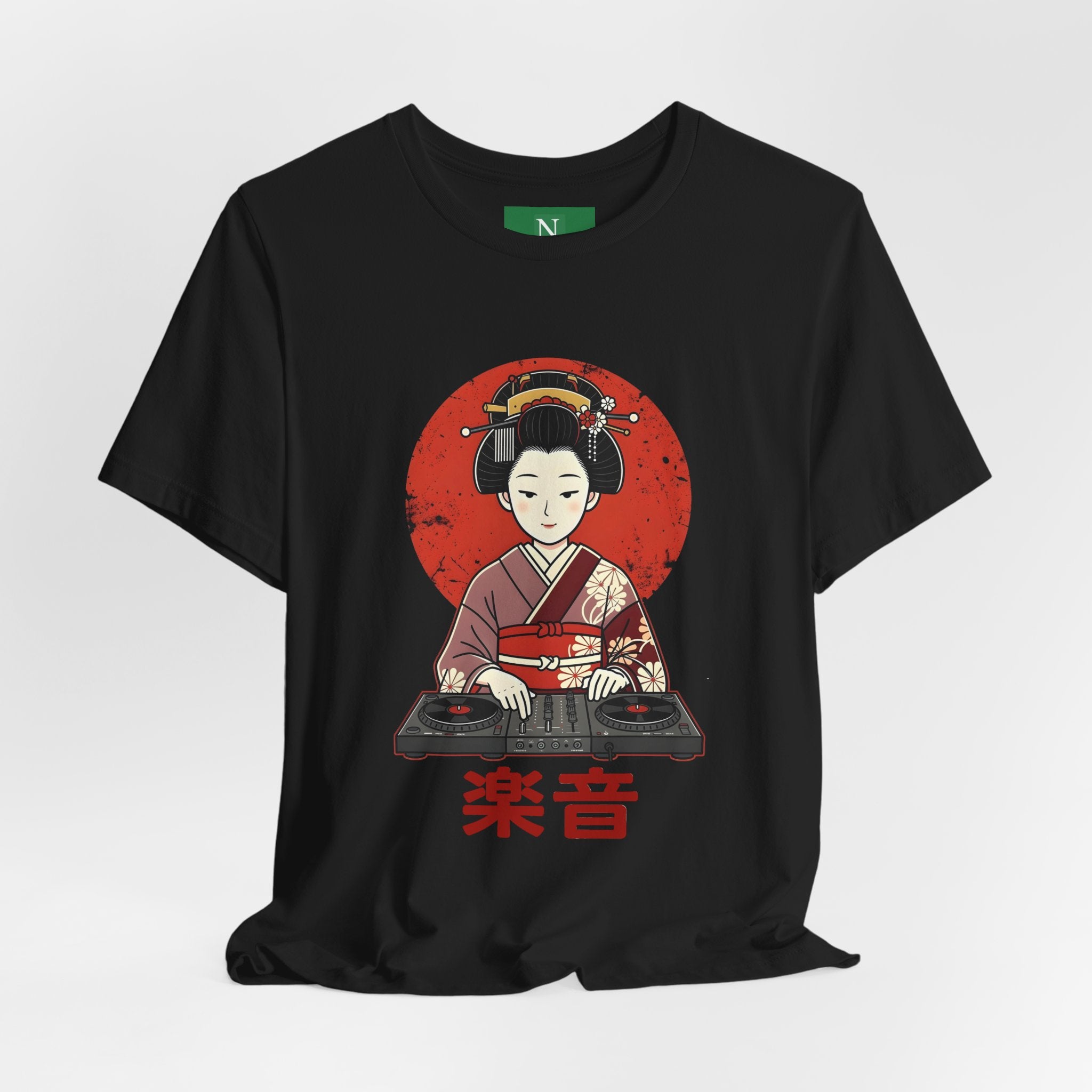 Geisha DJ T-Shirt — Japanese Vinyl Turntable Tee with '楽音' (Music) Design