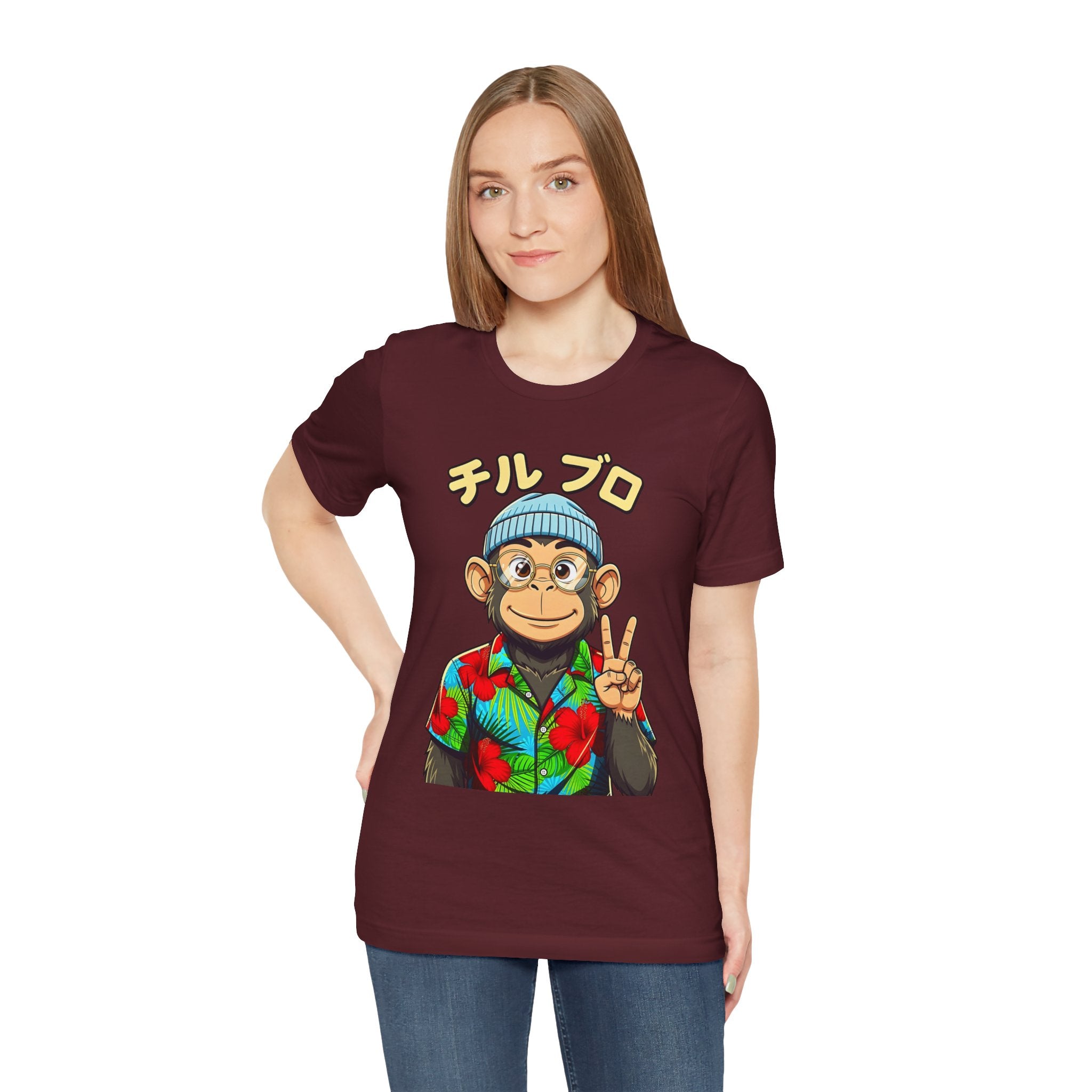 Monkey Peace Sign Tee — Hawaiian Shirt Chimp Graphic with Japanese Text