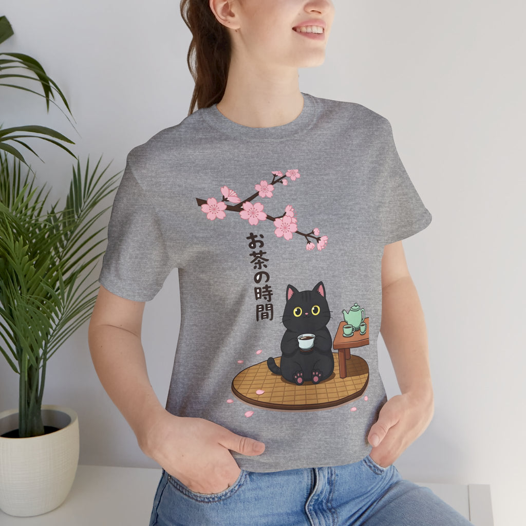 Cat Tea Time T-Shirt — Kawaii Black Cat with Sakura and Teapot