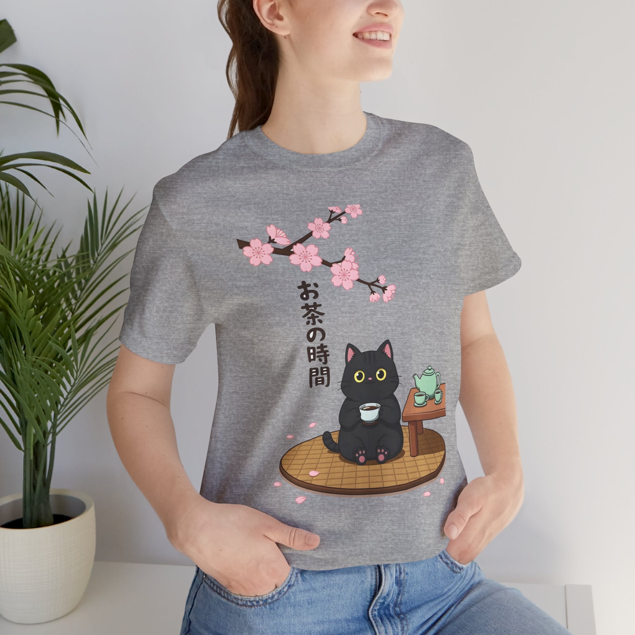 Cat Tea Time T-Shirt — Kawaii Black Cat with Sakura and Teapot