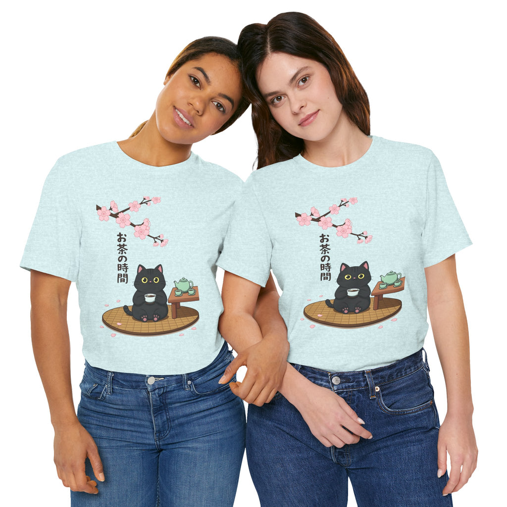Cat Tea Time T-Shirt — Kawaii Black Cat with Sakura and Teapot