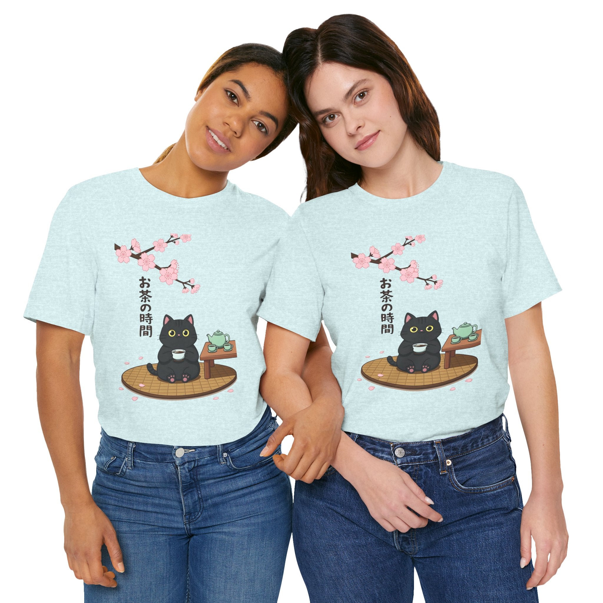 Cat Tea Time T-Shirt — Kawaii Black Cat with Sakura and Teapot
