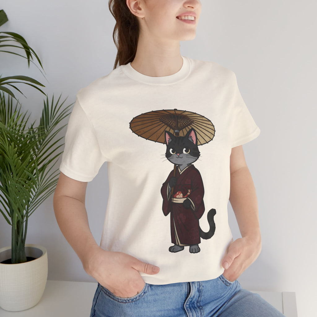 Geisha Cat Tee — Japanese Umbrella Cat Graphic T-Shirt