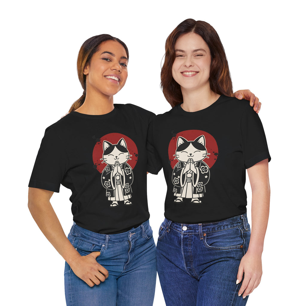 Samurai Cat T‑Shirt — Cute Praying Cat with Red Sun Graphic