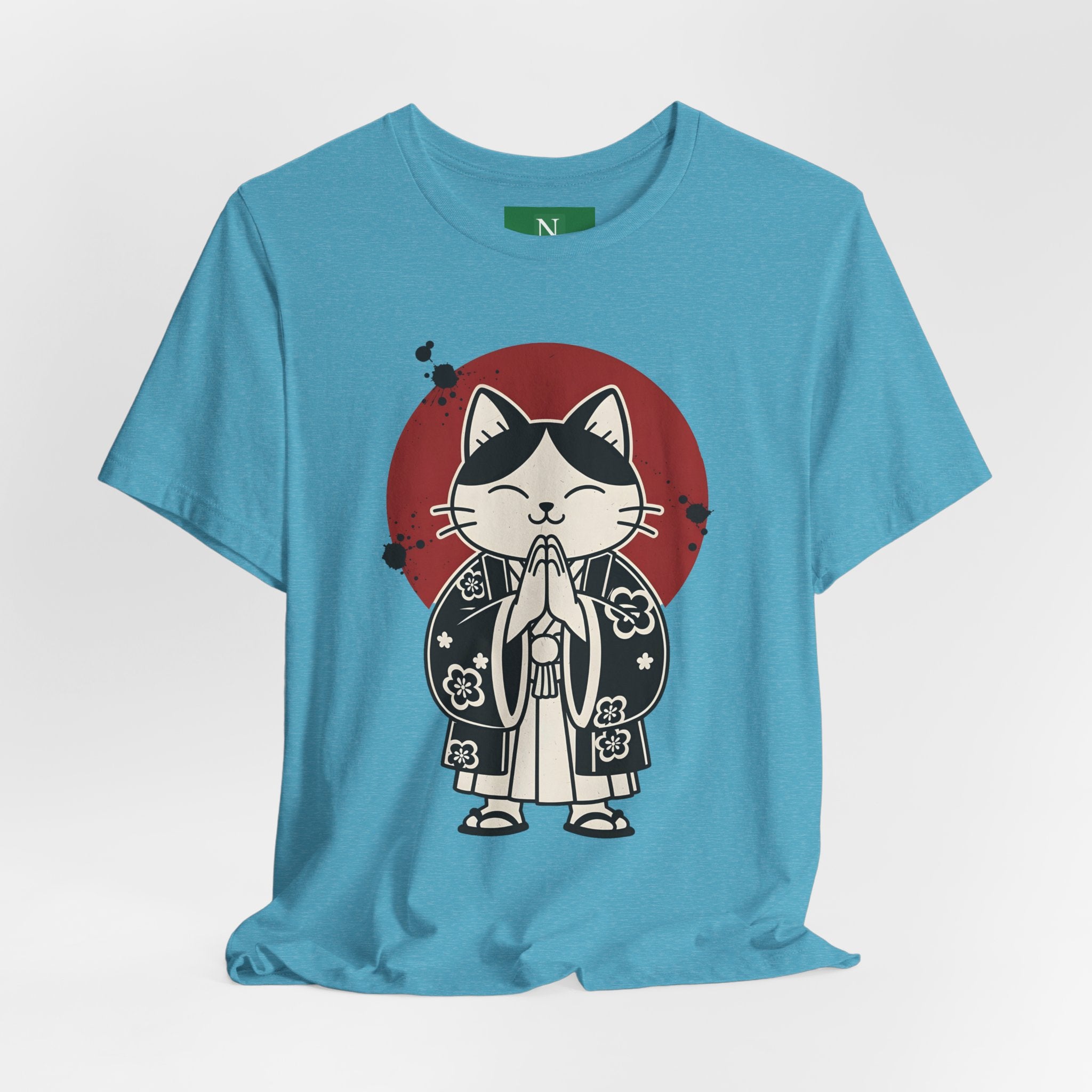 Samurai Cat T‑Shirt — Cute Praying Cat with Red Sun Graphic