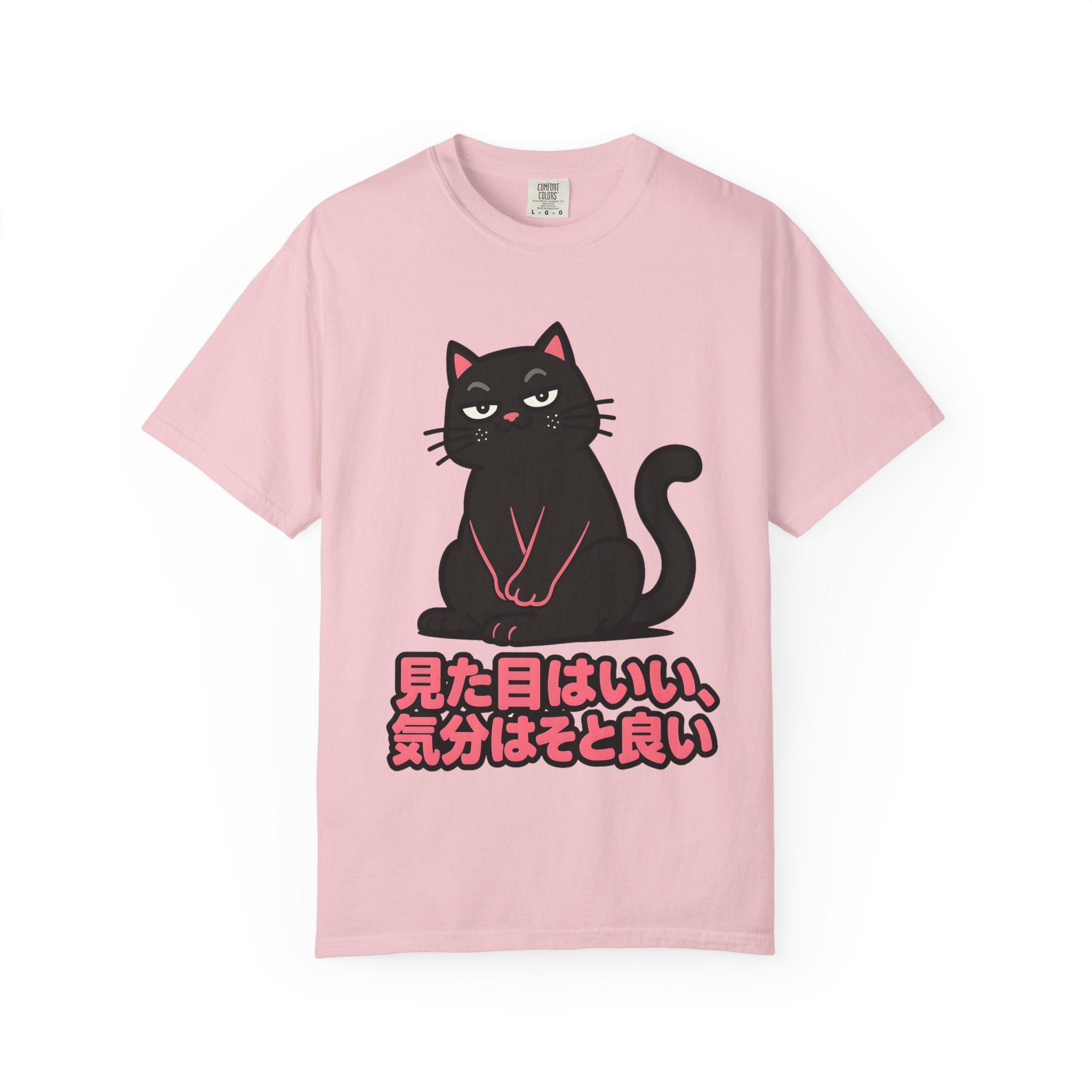 Cat Graphic T-Shirt — Black Cat with Japanese Text (見た目はいい、気分はそと良い)