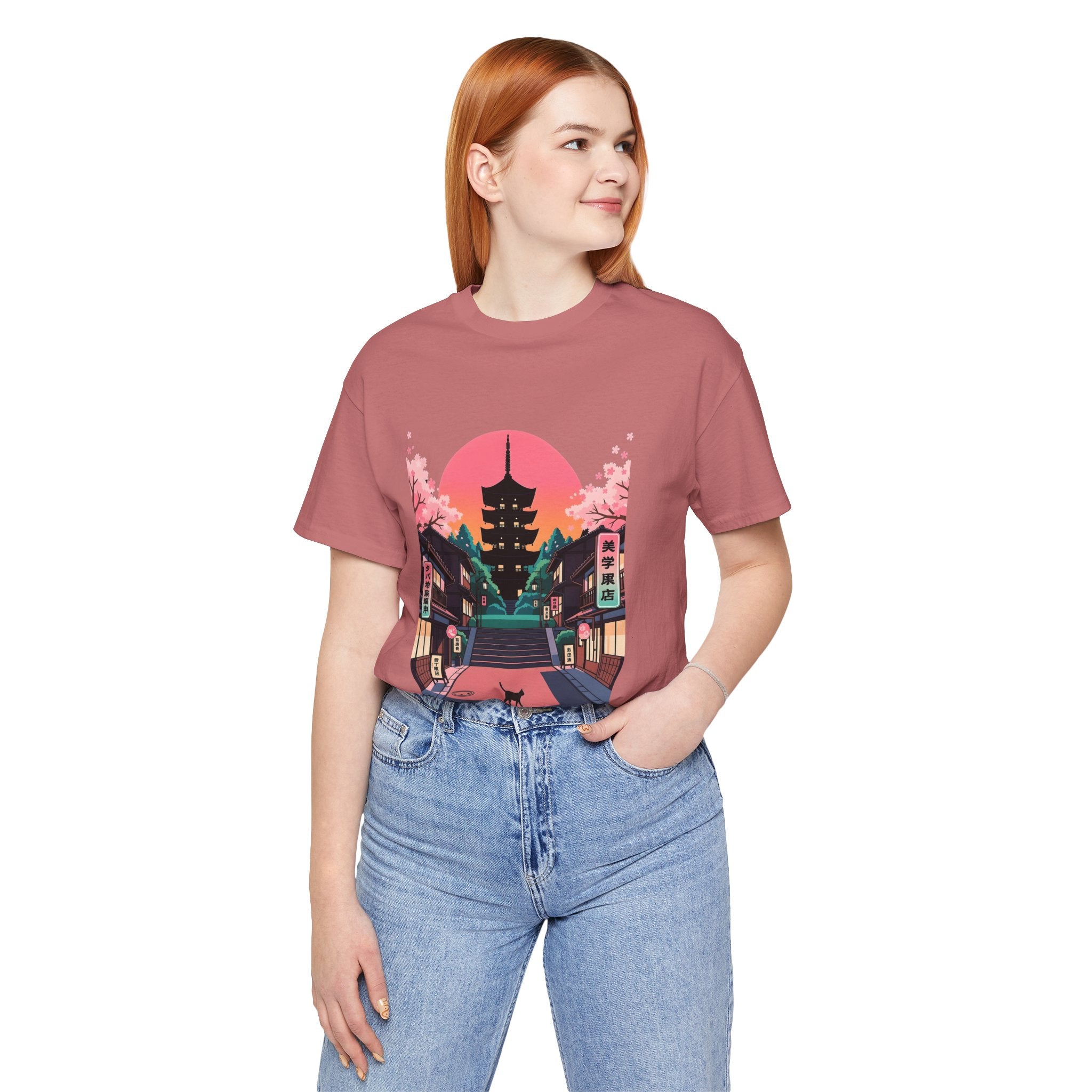 Japanese Pagoda Sunset Tee — Sakura Street Cat Graphic T-Shirt