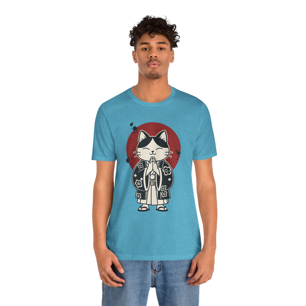 Samurai Cat T‑Shirt — Cute Praying Cat with Red Sun Graphic