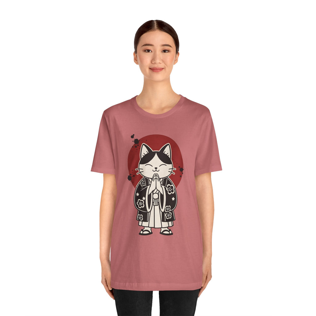 Samurai Cat T‑Shirt — Cute Praying Cat with Red Sun Graphic