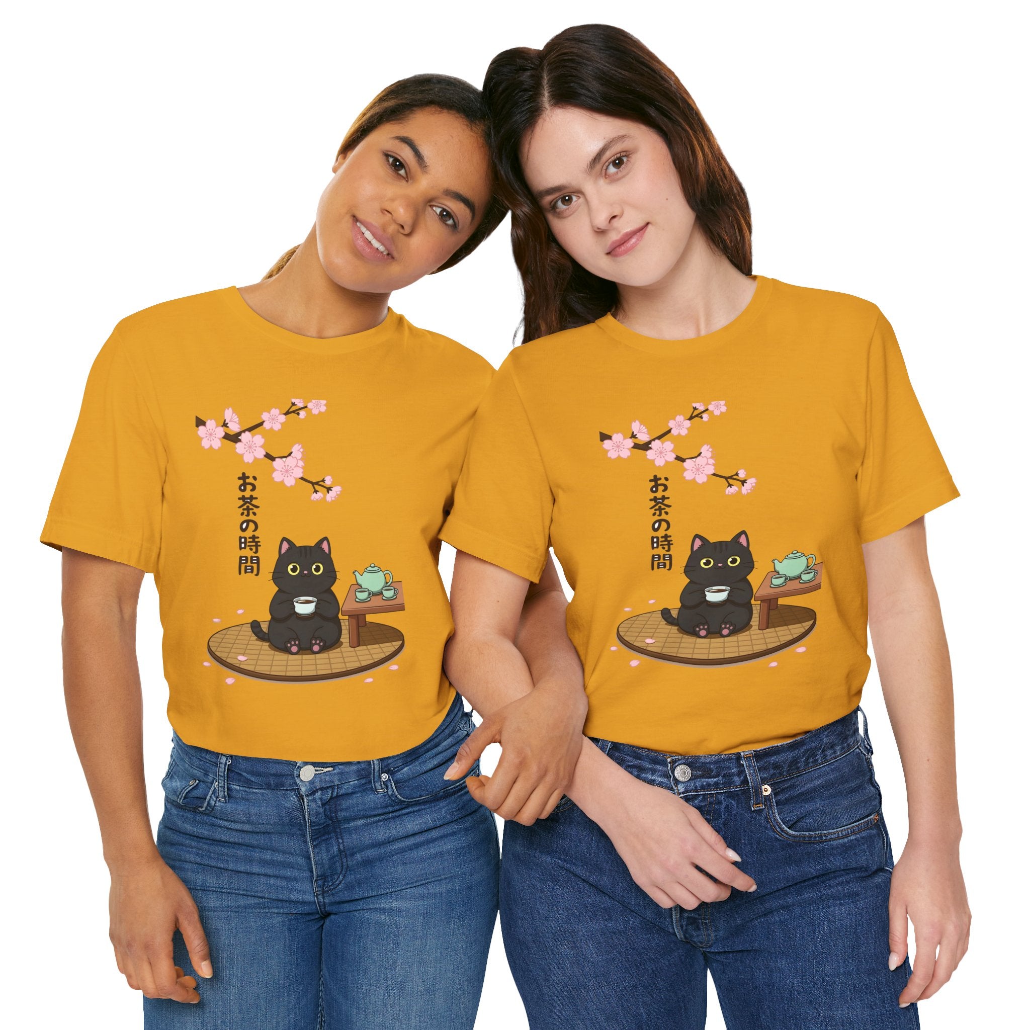 Cat Tea Time T-Shirt — Kawaii Black Cat with Sakura and Teapot
