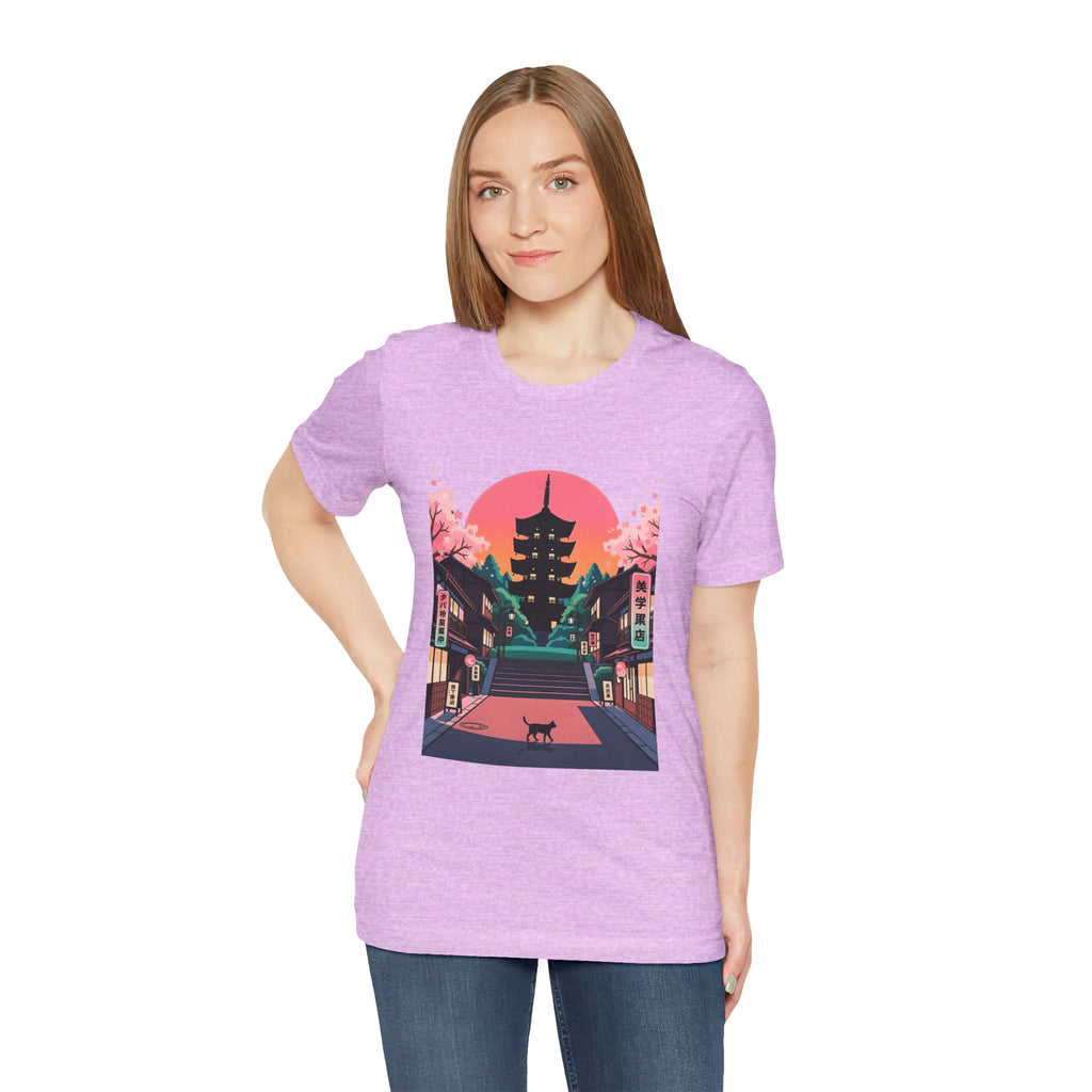 Japanese Pagoda Sunset Tee — Sakura Street Cat Graphic T-Shirt