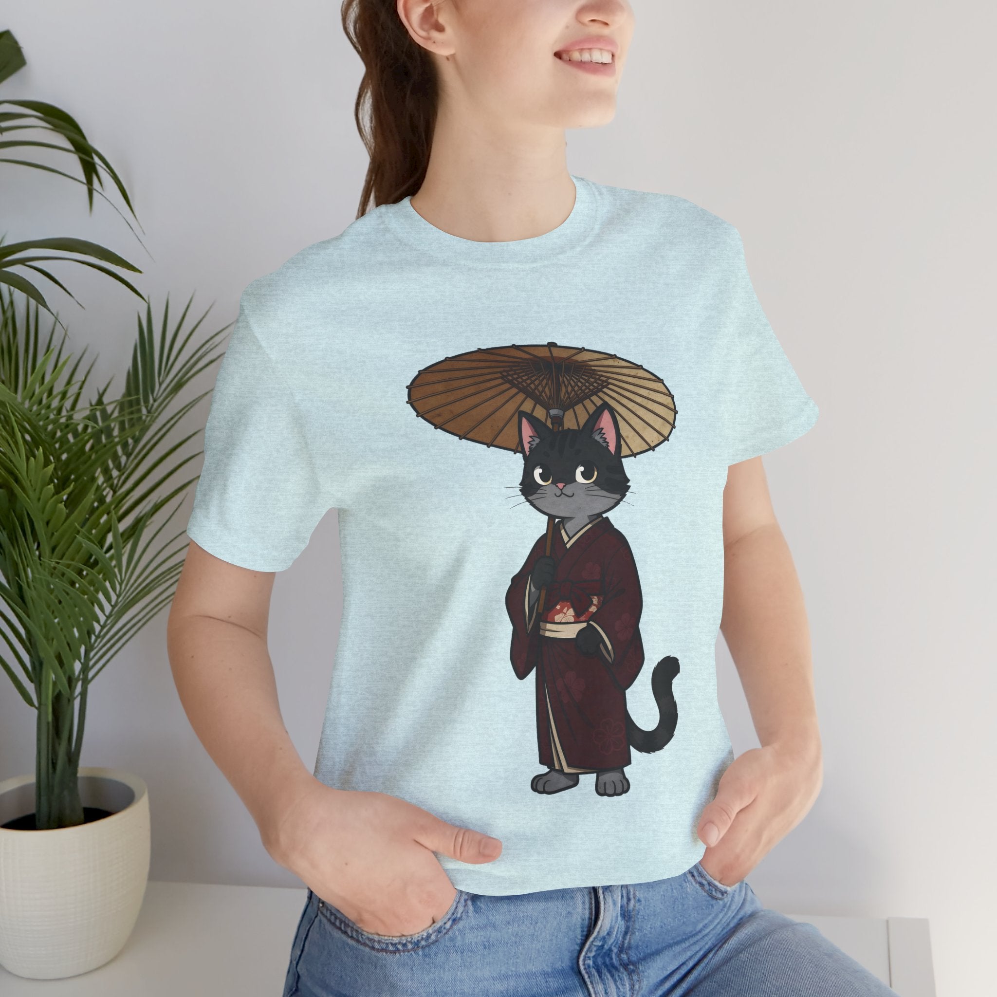 Geisha Cat Tee — Japanese Umbrella Cat Graphic T-Shirt